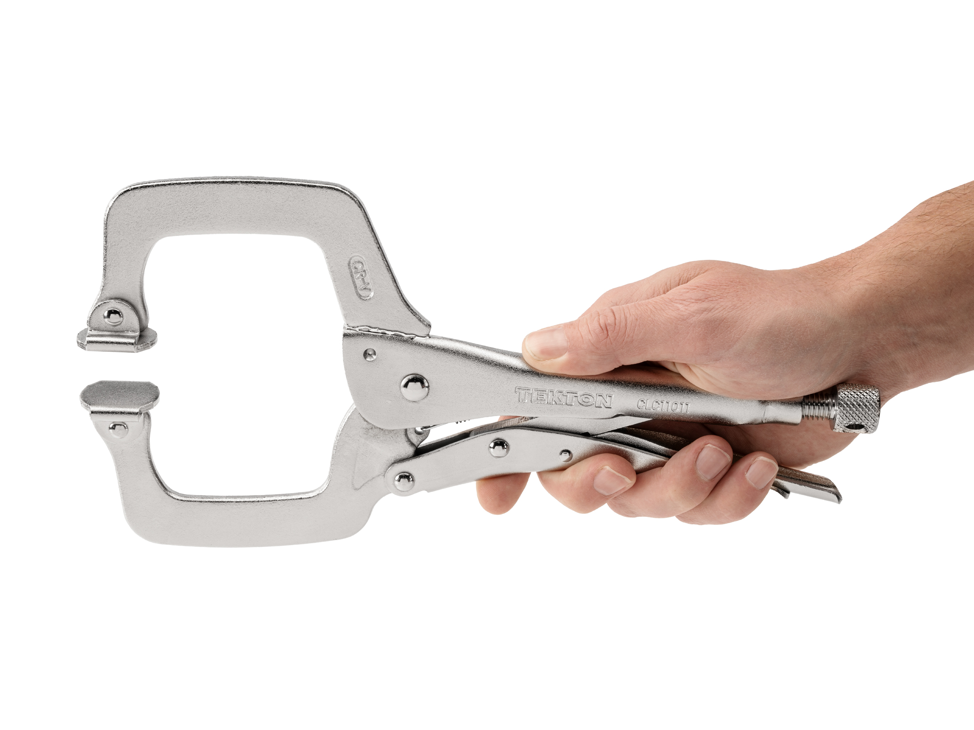 The 11 inch swivel locking c-clamp provides parallel clamping surfaces, an easy pull-to-release lever, and a large adjustment knob.