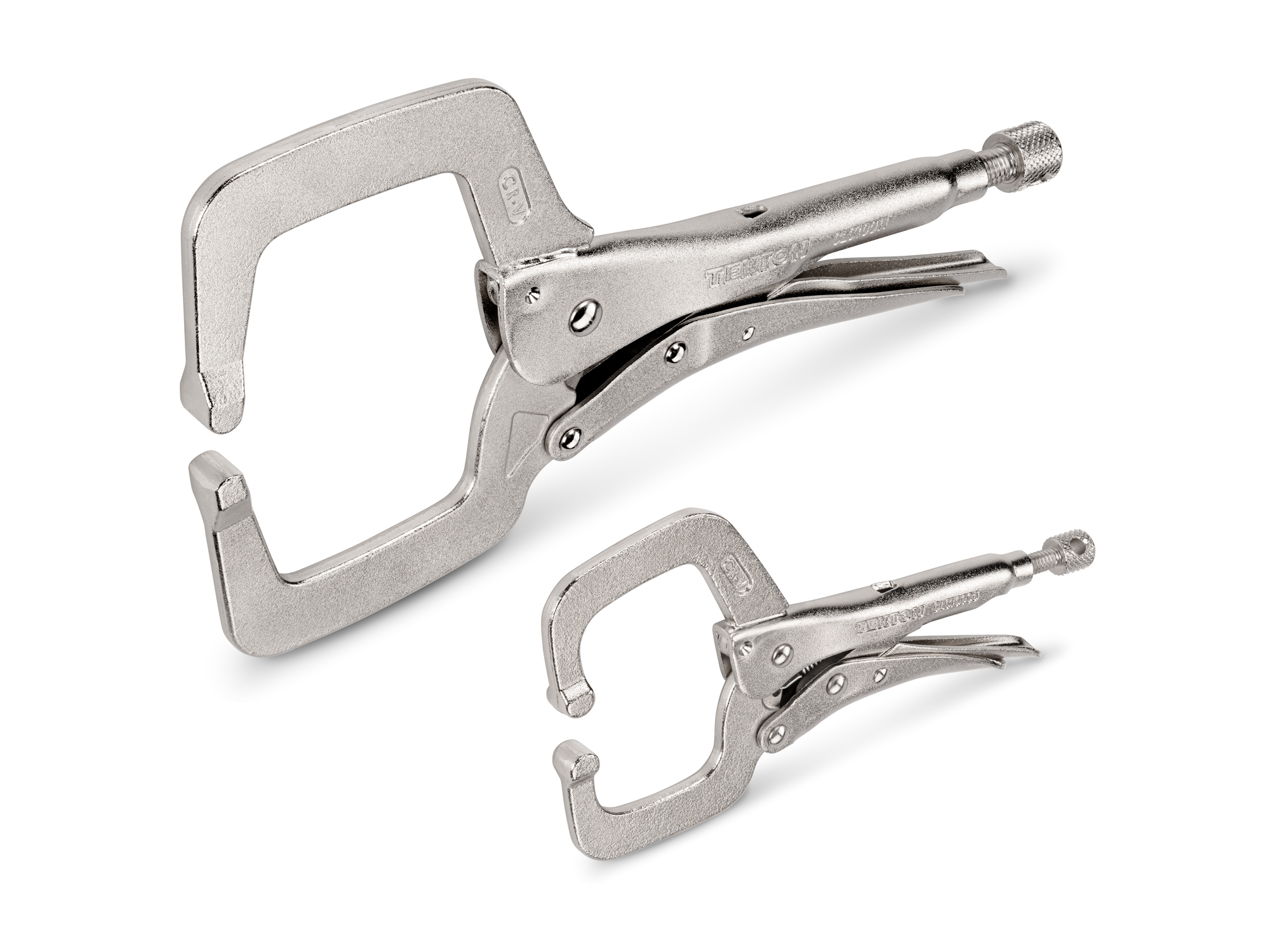 Set includes 2 locking c-clamps that provide concentrated clamping force for welding and assembly, especially with irregular surfaces.