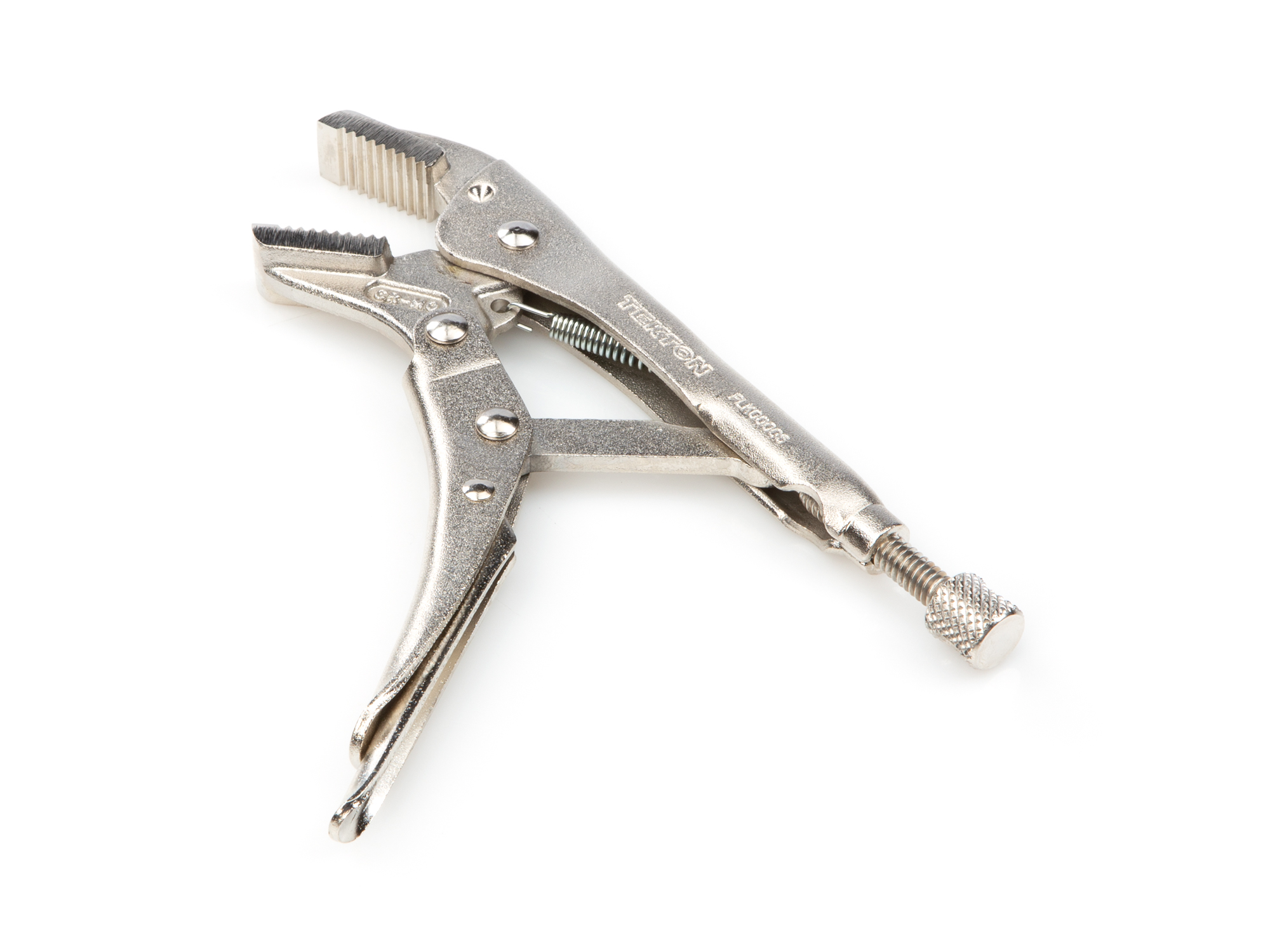 5 inch straight jaw locking pliers. One-hand pull release. Flat jaws, sharp teeth. Clamps flat stock, L-angle, sheet metal for welding. PLK00005.