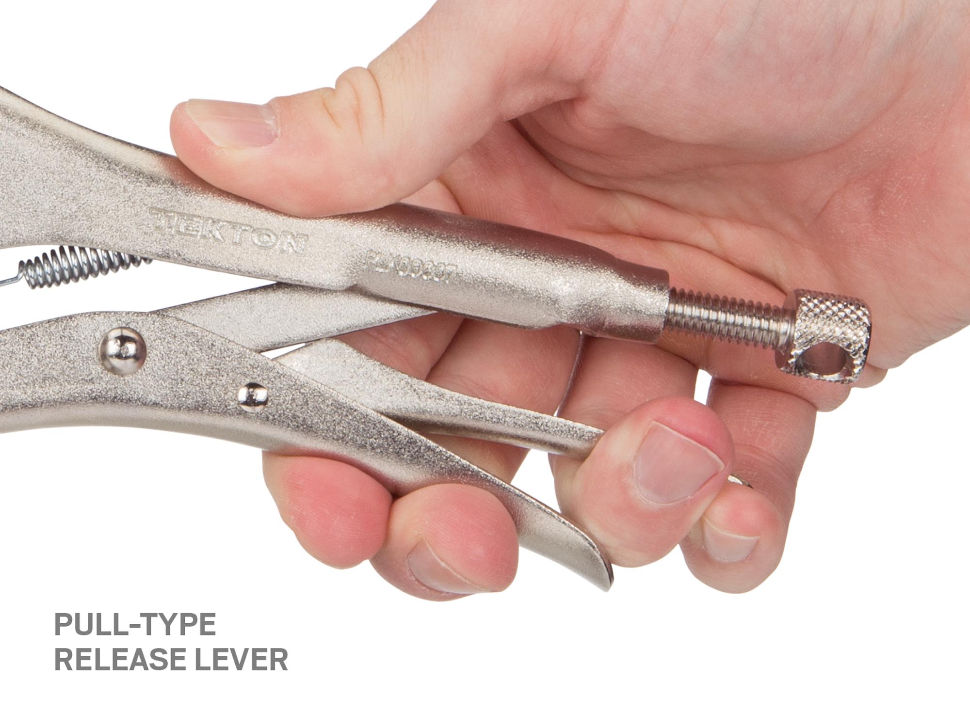 Closeup view of pull-type release lever on a Tekton 7 inch locking pliers. Item #PLK00007