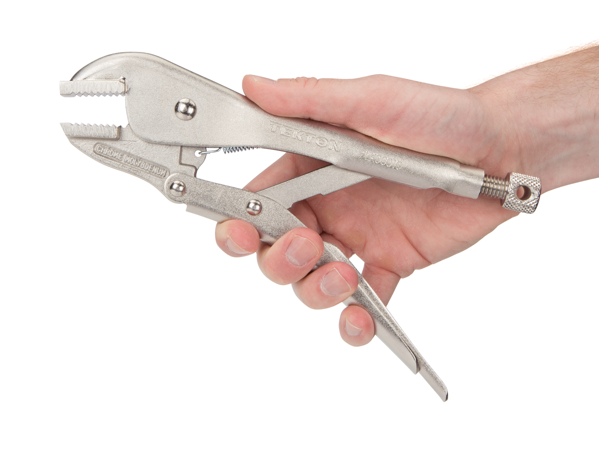 10 inch straight jaw locking pliers. One-hand pull release. Flat jaws, sharp teeth. Clamps flat stock, L-angle, sheet metal for welding. PLK00010.