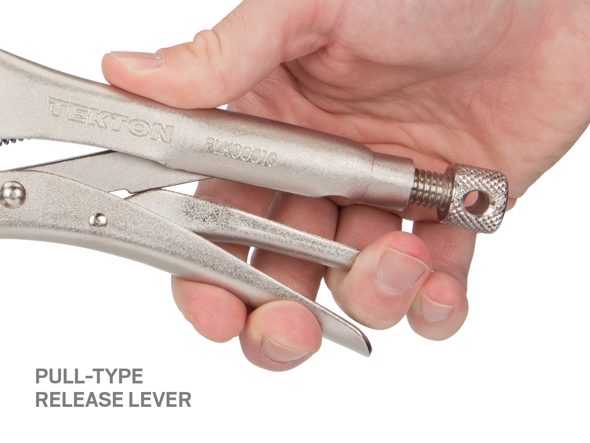 10 inch straight jaw locking pliers. One-hand pull release. Flat jaws, sharp teeth. Clamps flat stock, L-angle, sheet metal for welding. PLK00010.