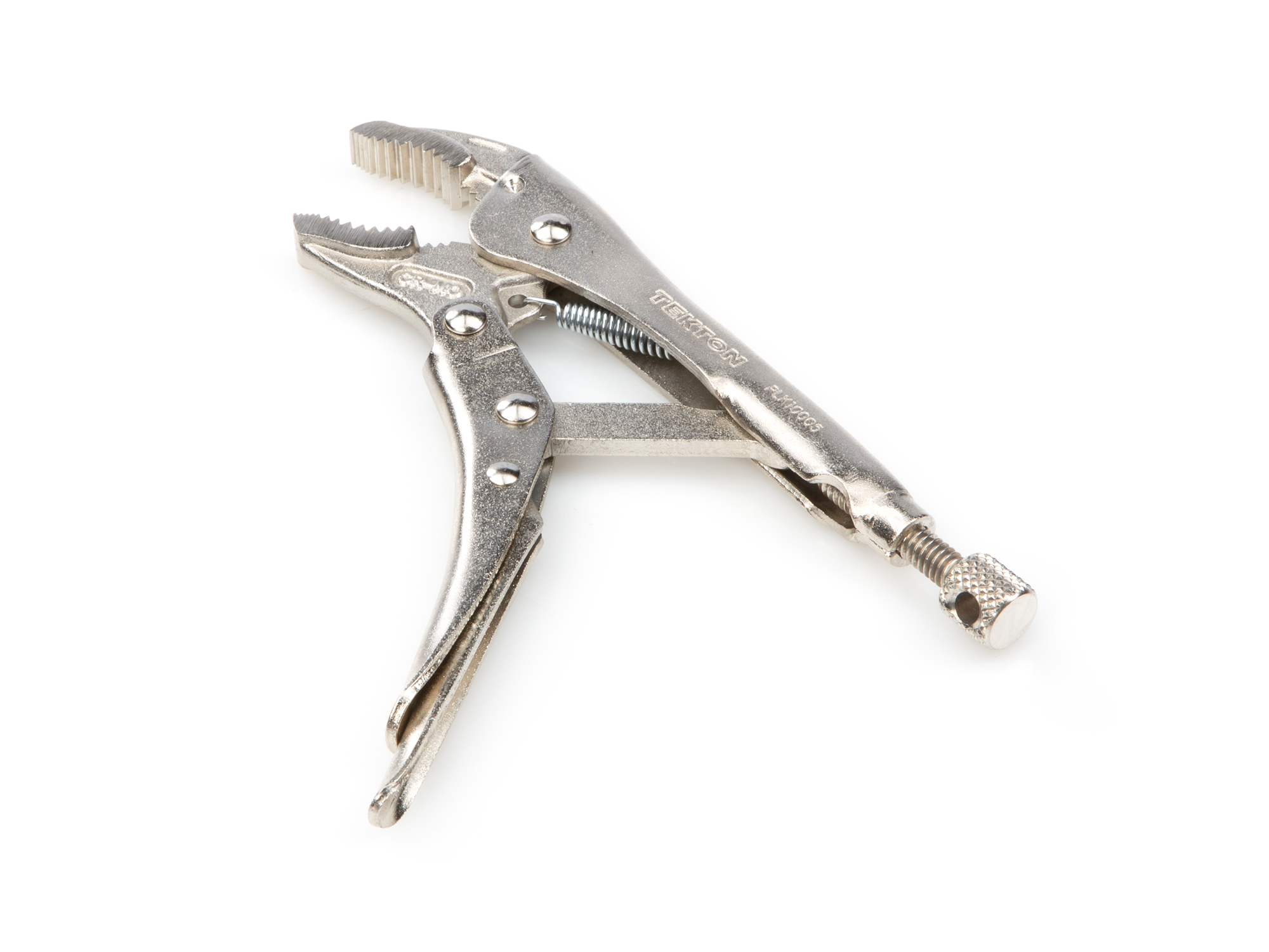 5 inch curved jaw locking pliers. One-hand pull release. Curved jaw, straight tip, sharp teeth. Grips round, hex, square, flat stock, sheet metal. PLK10005.