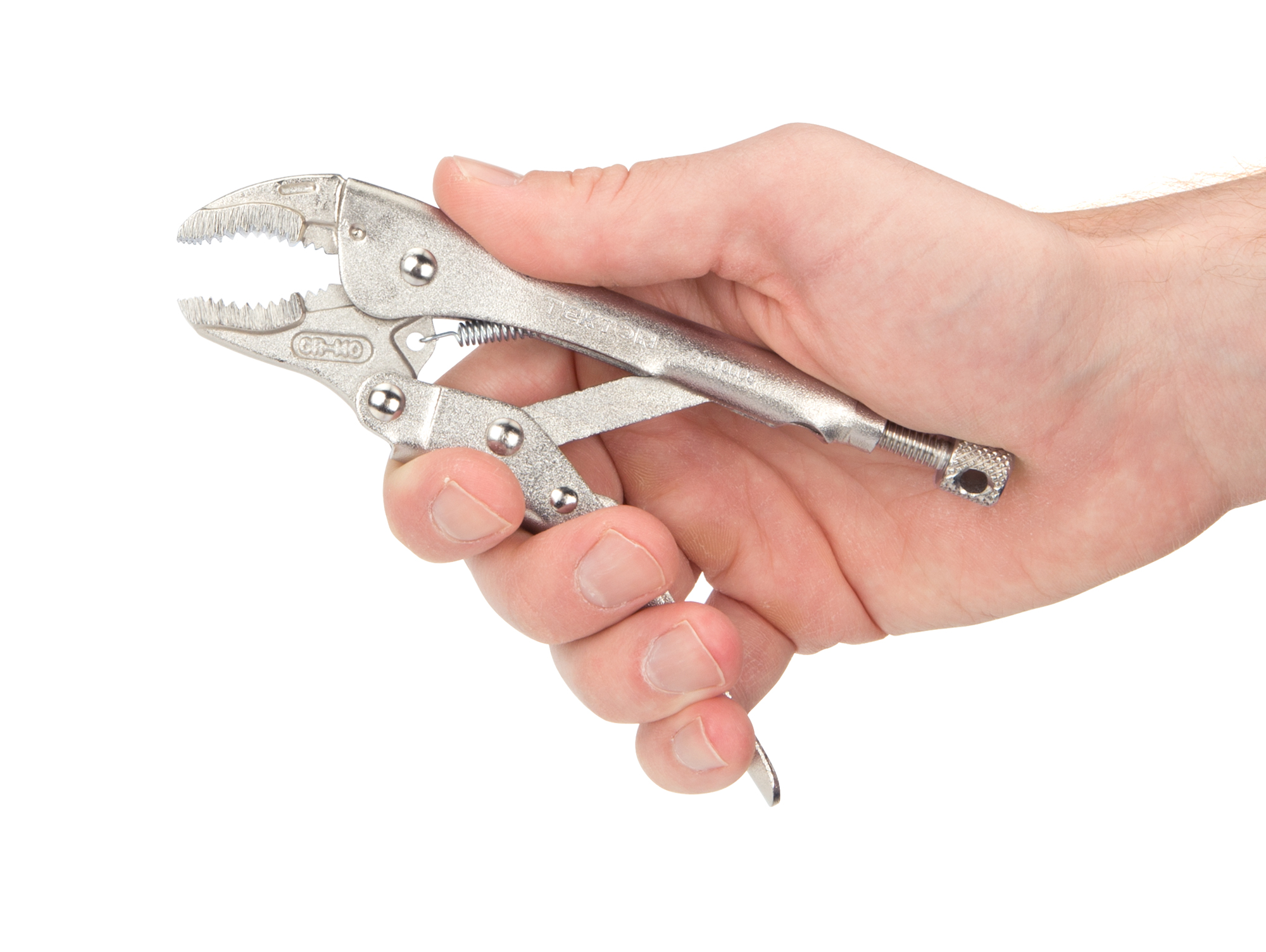 5 inch curved jaw locking pliers. One-hand pull release. Curved jaw, straight tip, sharp teeth. Grips round, hex, square, flat stock, sheet metal. PLK10005.