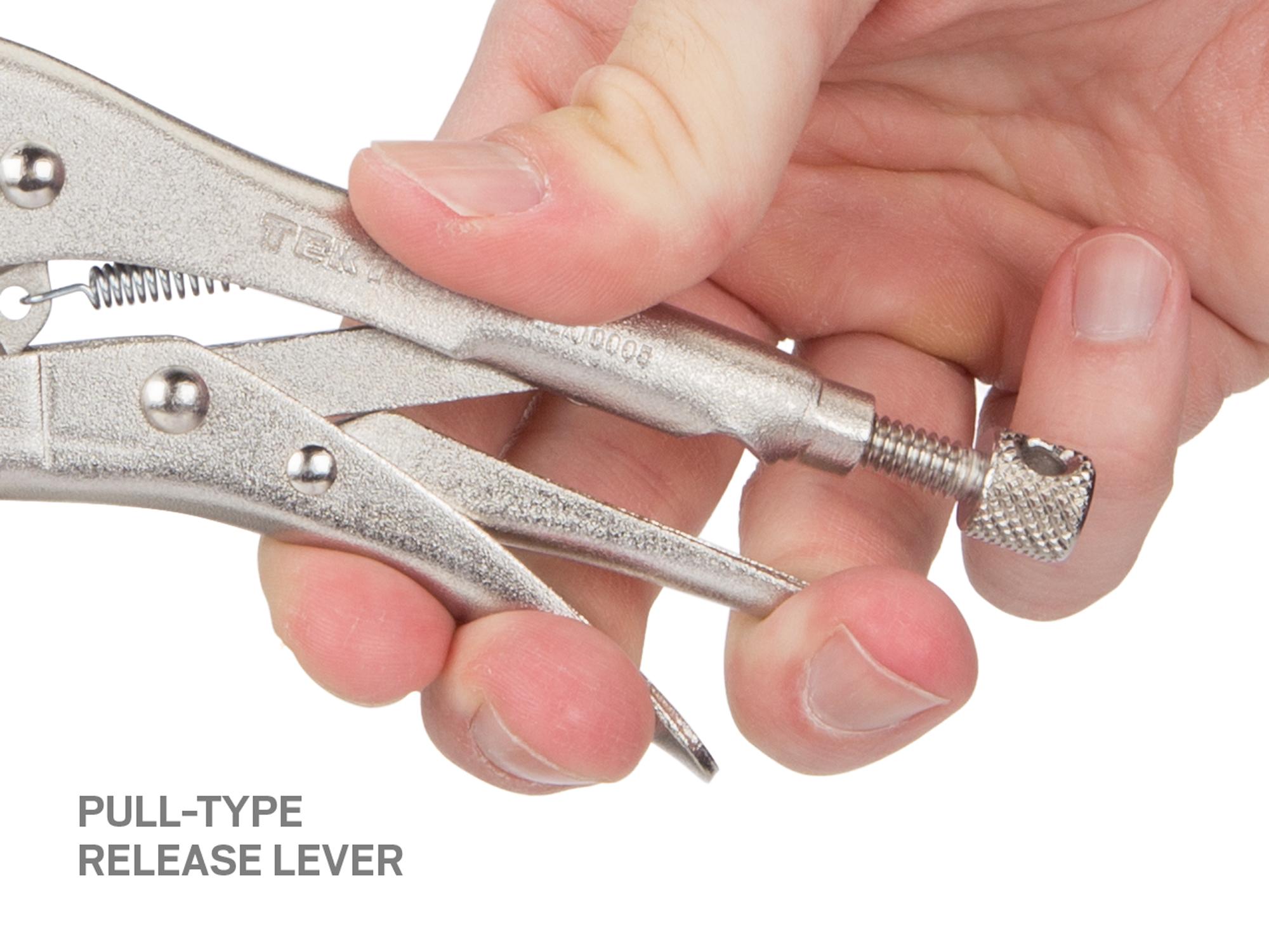 Closeup view of pull-type release lever on a Tekton 5 inch locking pliers. Item #PLK10005