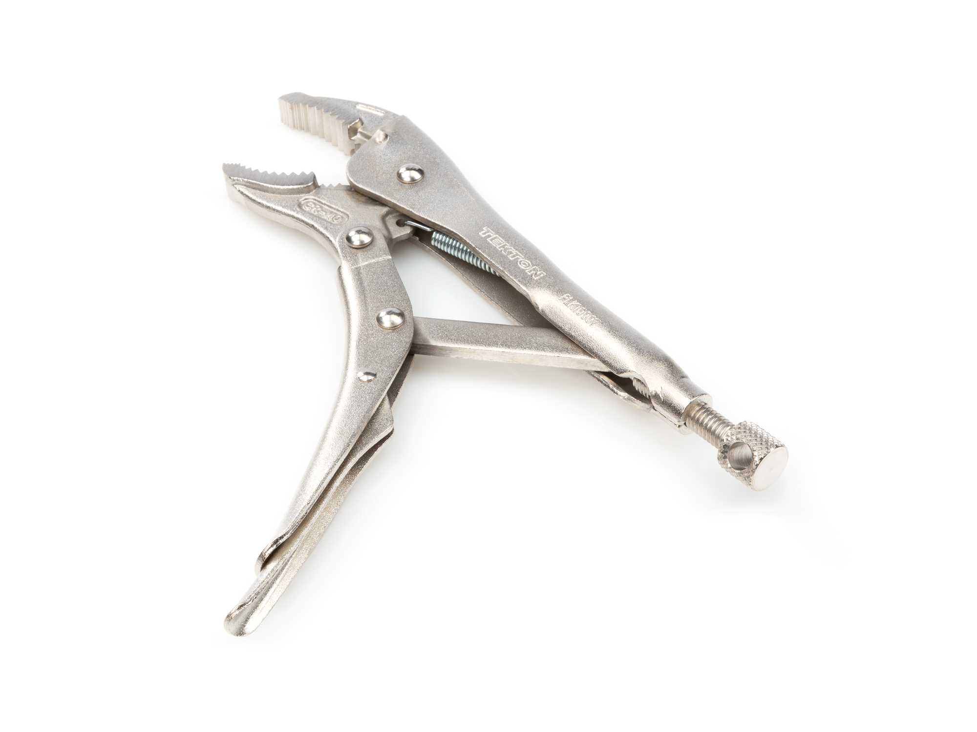 7 inch curved jaw locking pliers. One-hand pull release. Curved jaw, straight tip, sharp teeth. Grips round, hex, square, flat stock, sheet metal. PLK10007.