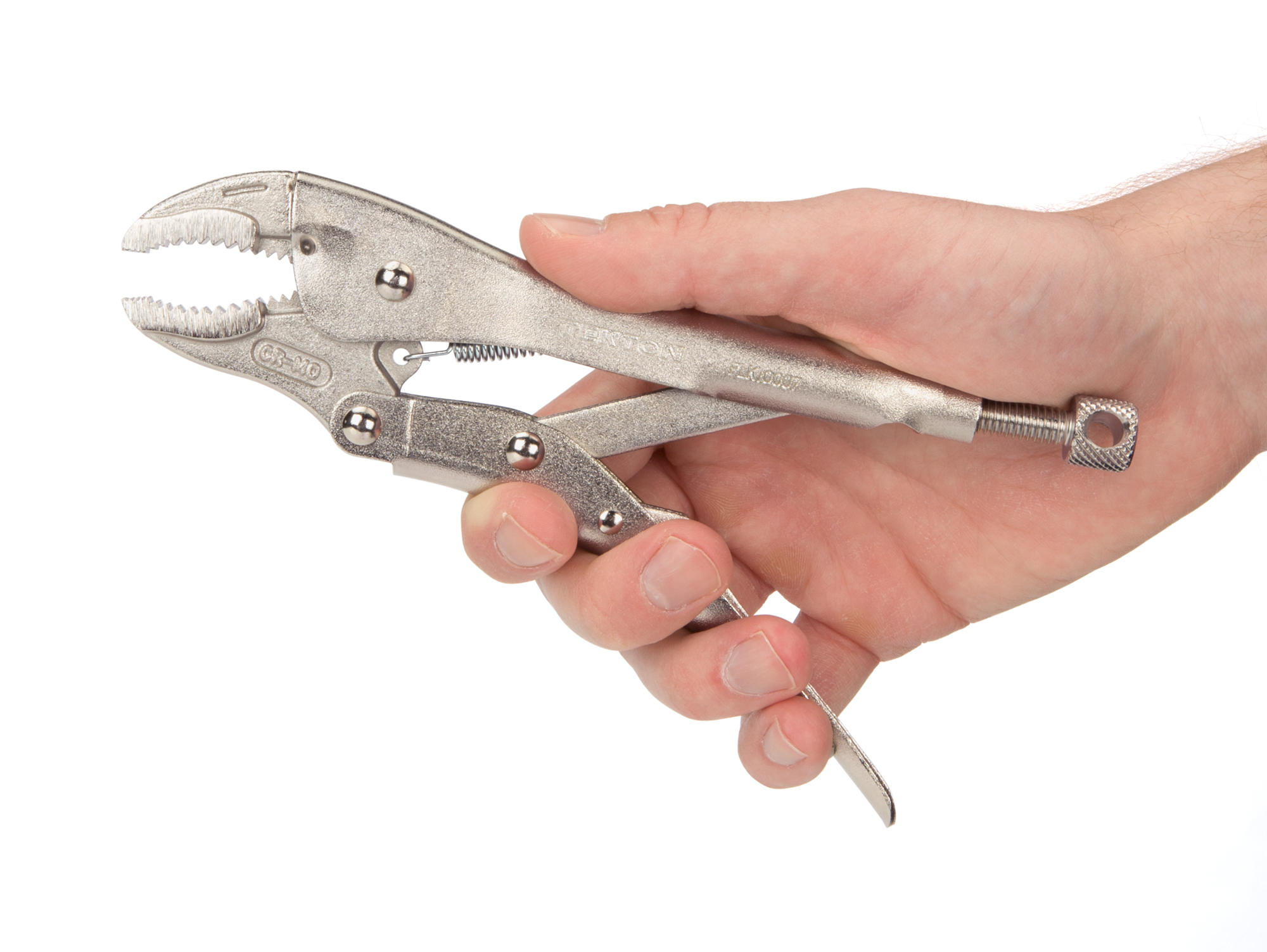 7 inch curved jaw locking pliers. One-hand pull release. Curved jaw, straight tip, sharp teeth. Grips round, hex, square, flat stock, sheet metal. PLK10007.