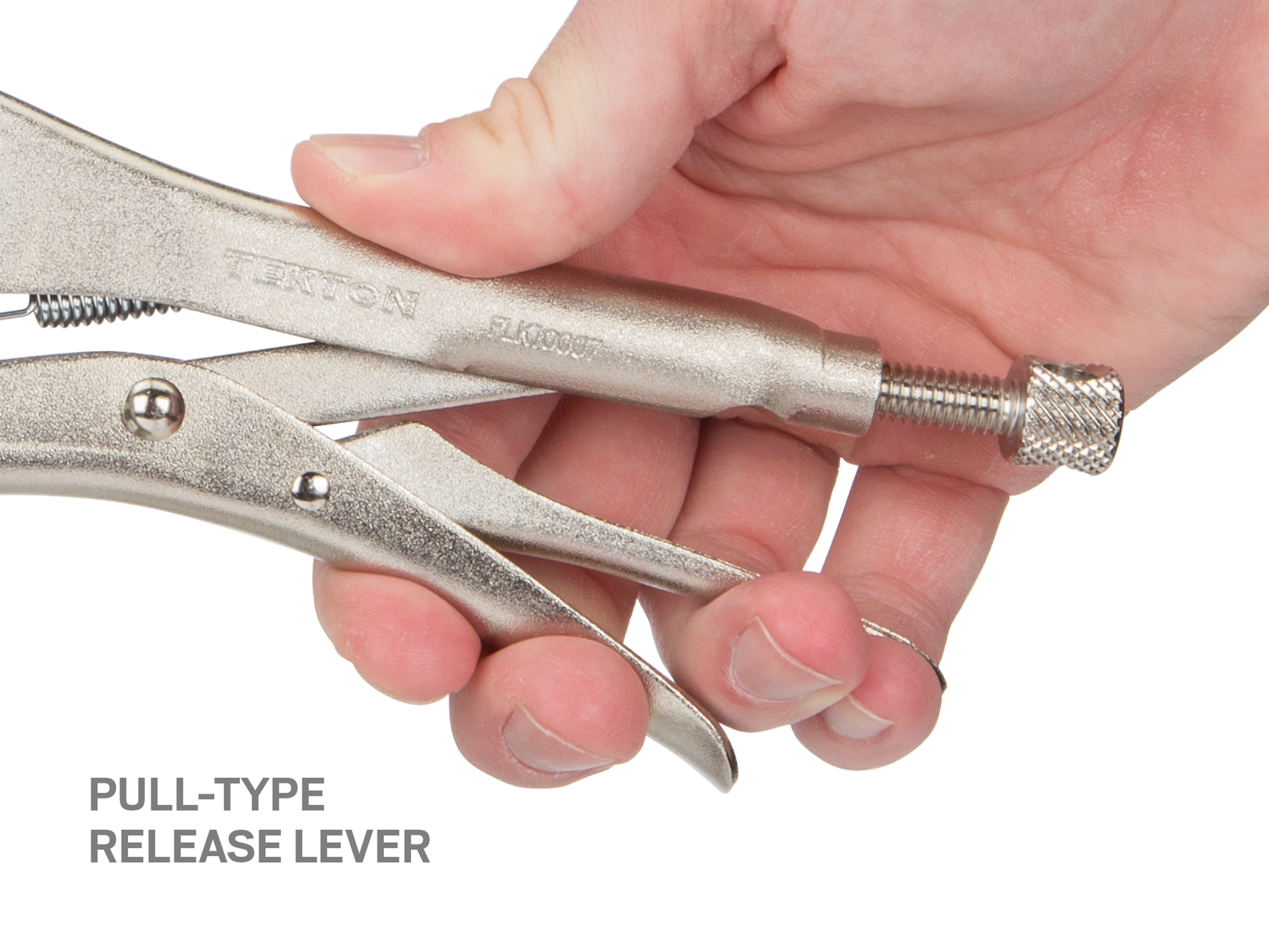 7 inch curved jaw locking pliers. One-hand pull release. Curved jaw, straight tip, sharp teeth. Grips round, hex, square, flat stock, sheet metal. PLK10007.