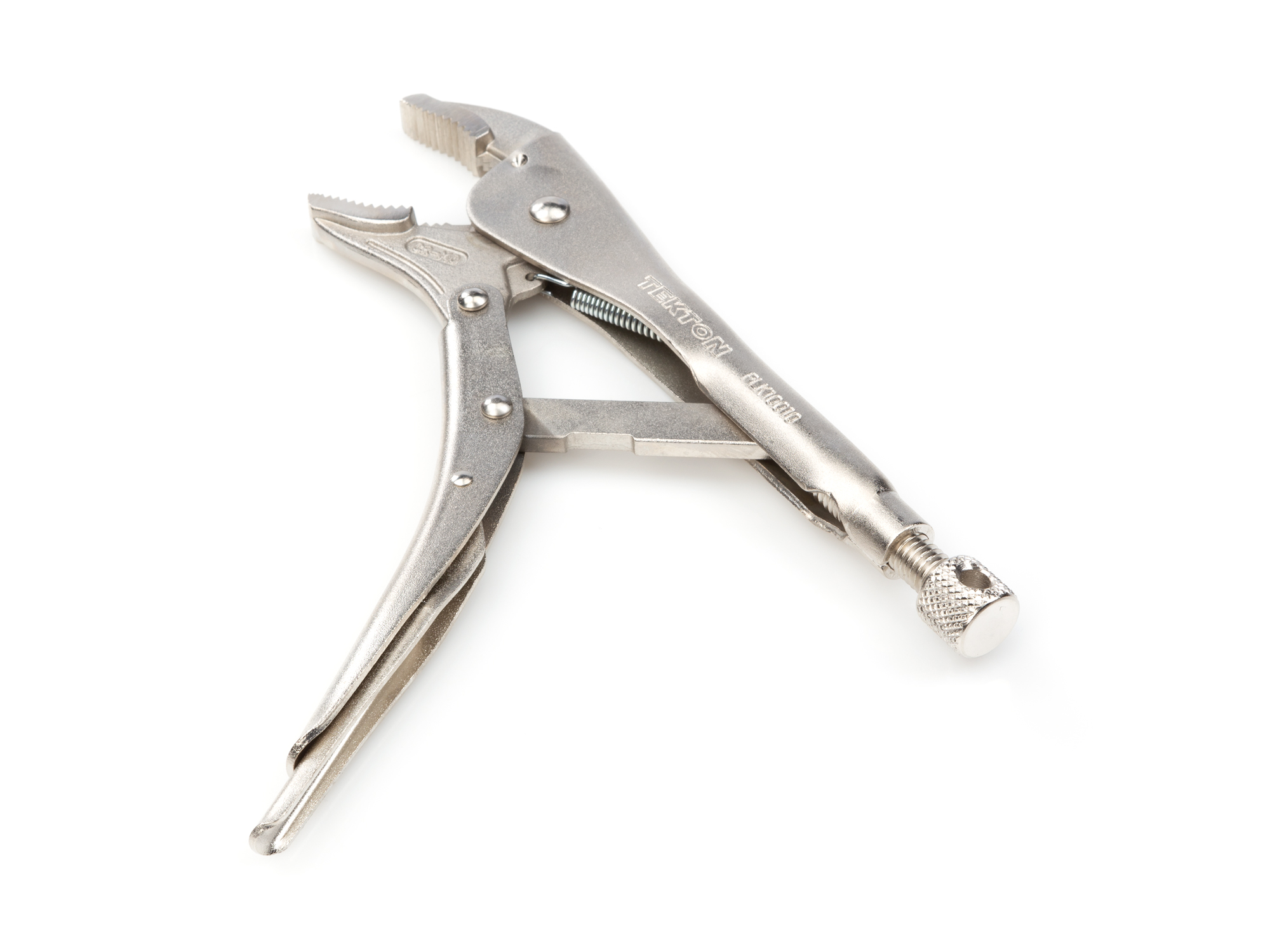 10 inch curved jaw locking pliers. One-hand pull release. Curved jaw, straight tip, sharp teeth. Grips round, hex, square, flat stock, sheet metal. PLK10010.