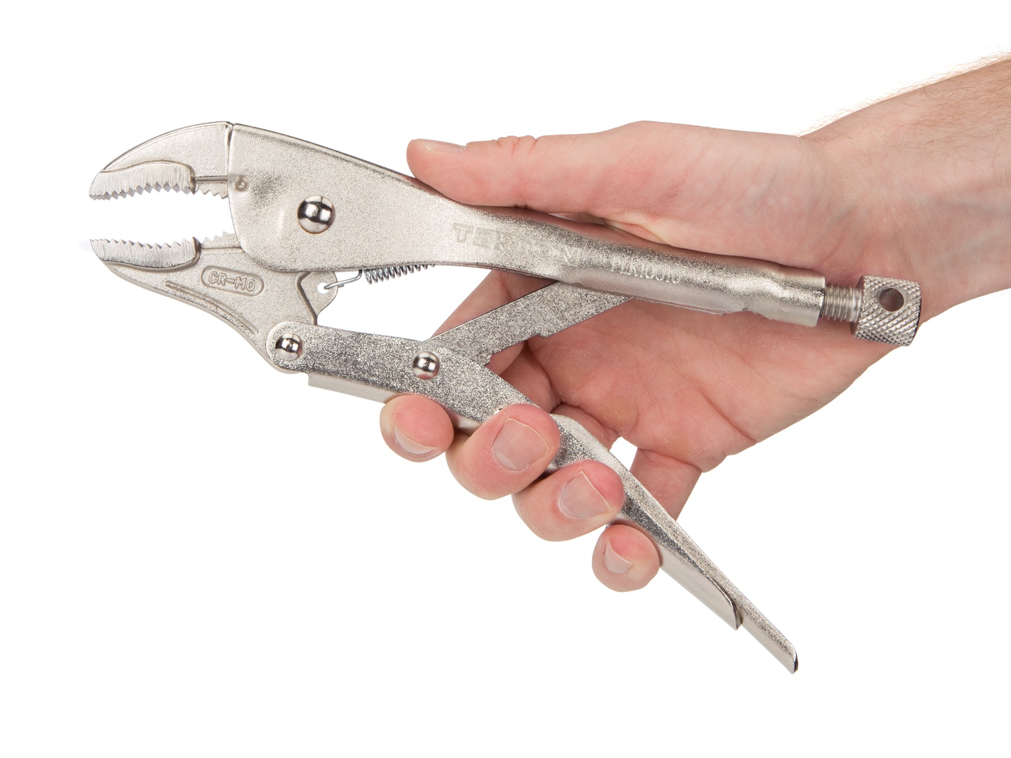 10 inch curved jaw locking pliers. One-hand pull release. Curved jaw, straight tip, sharp teeth. Grips round, hex, square, flat stock, sheet metal. PLK10010.