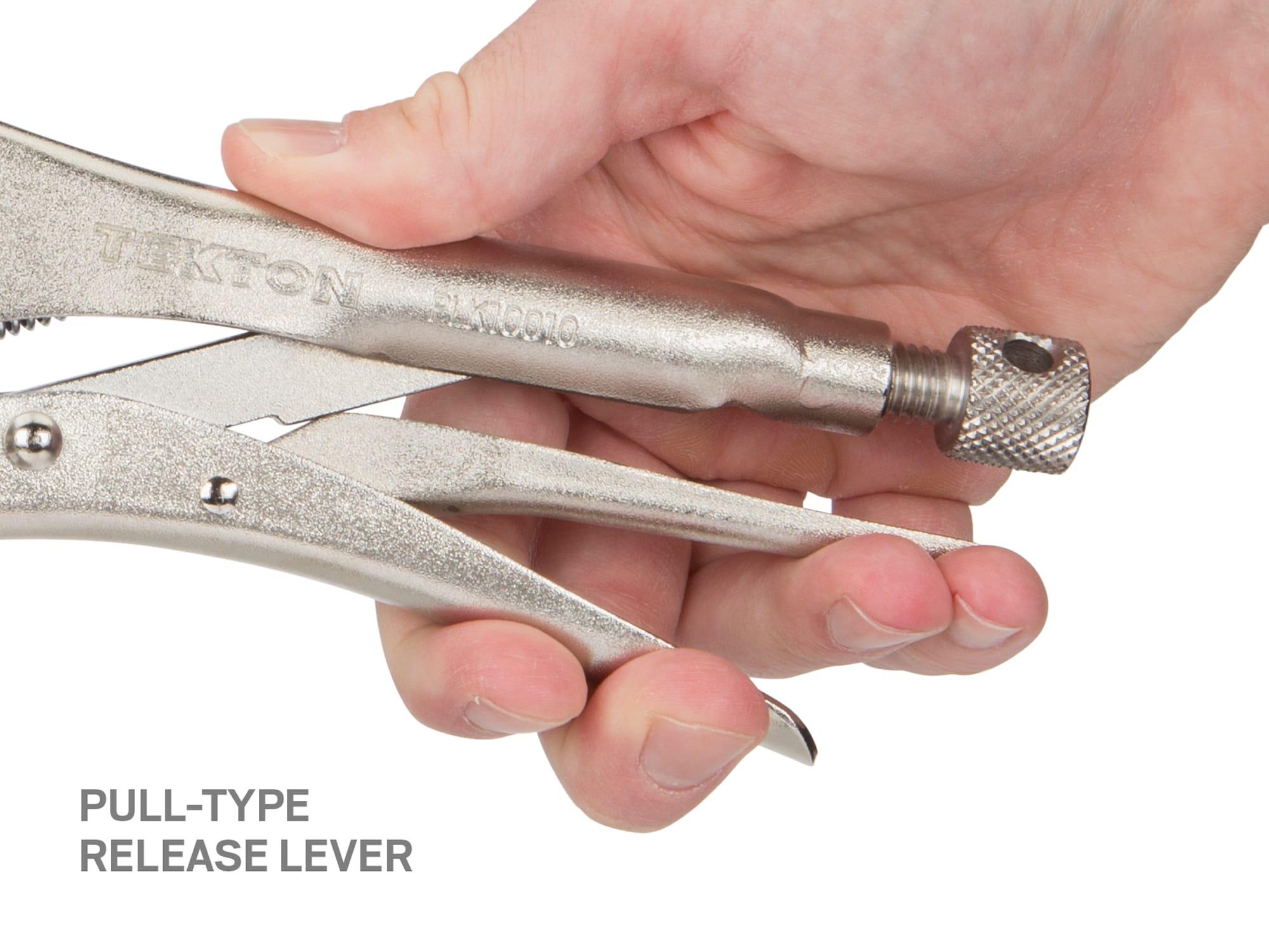 Closeup view of pull-type release lever on a Tekton 10 inch locking pliers. Item #PLK10010