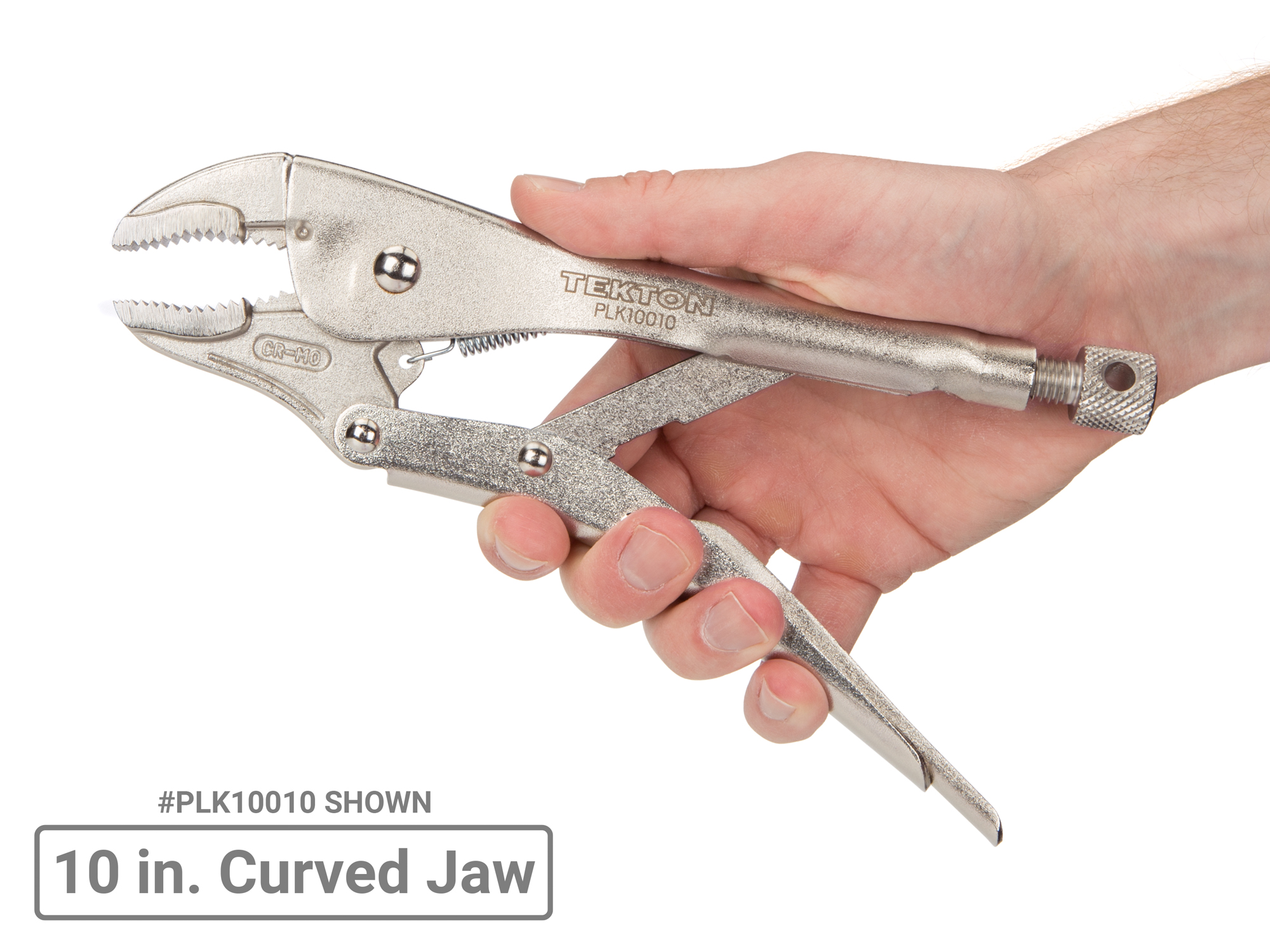 10 inch curved jaw locking pliers. One-hand pull release. Curved jaw, straight tip, sharp teeth. Grips round, hex, square, flat stock, sheet metal. PLK10010.