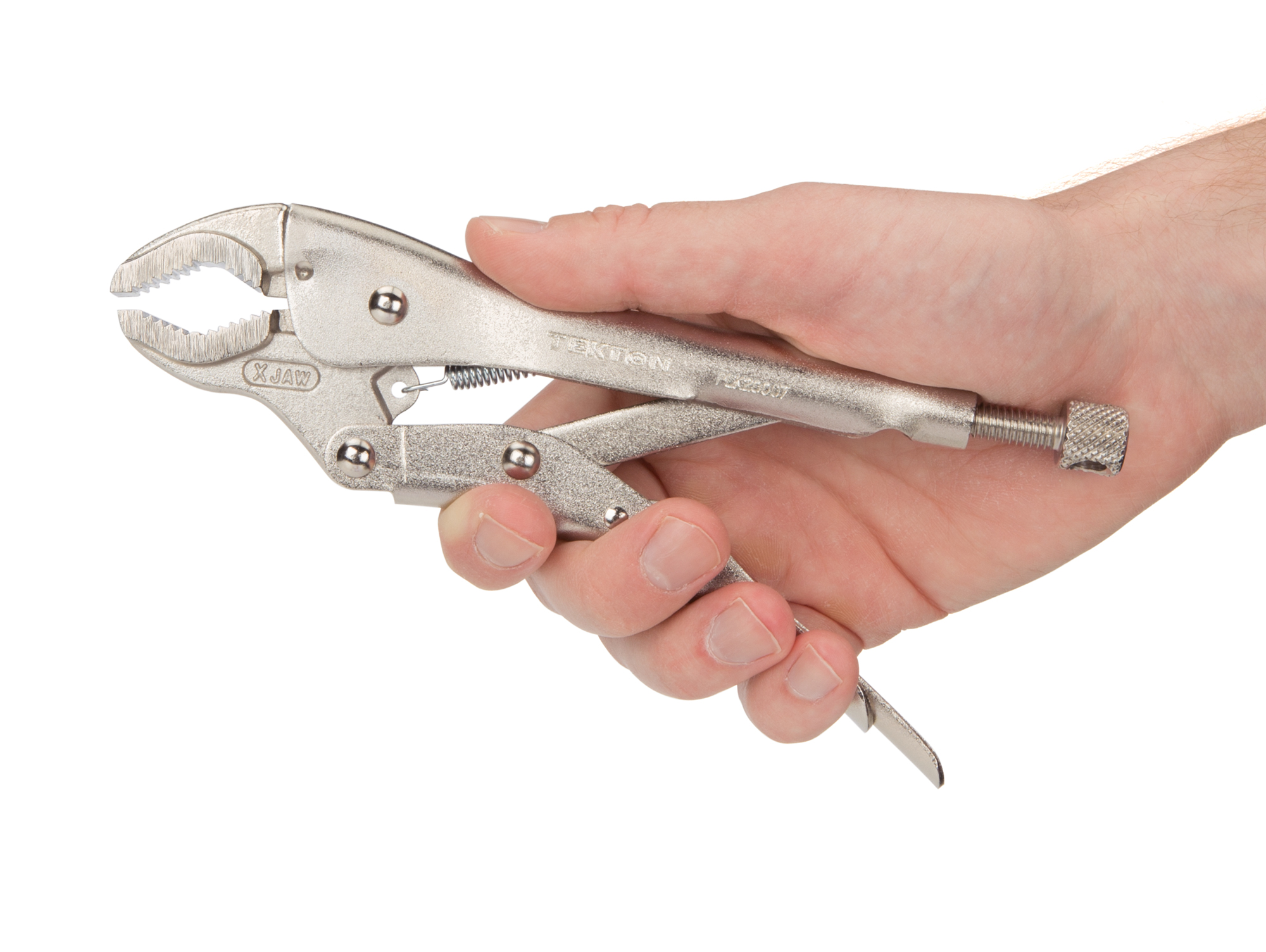 7 inch deep bite round jaw locking pliers. Jaws slide forward as they close to create extra-high clamping pressure for pipes and rounded-off nuts. PLK20007.