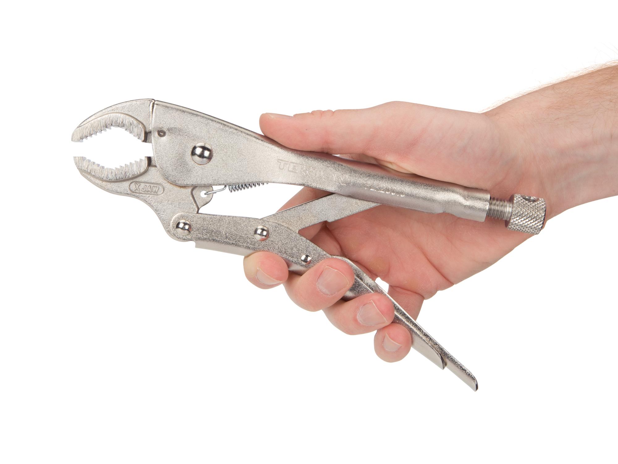 Person holding Tekton 10 inch locking pliers. Item #PLK20010