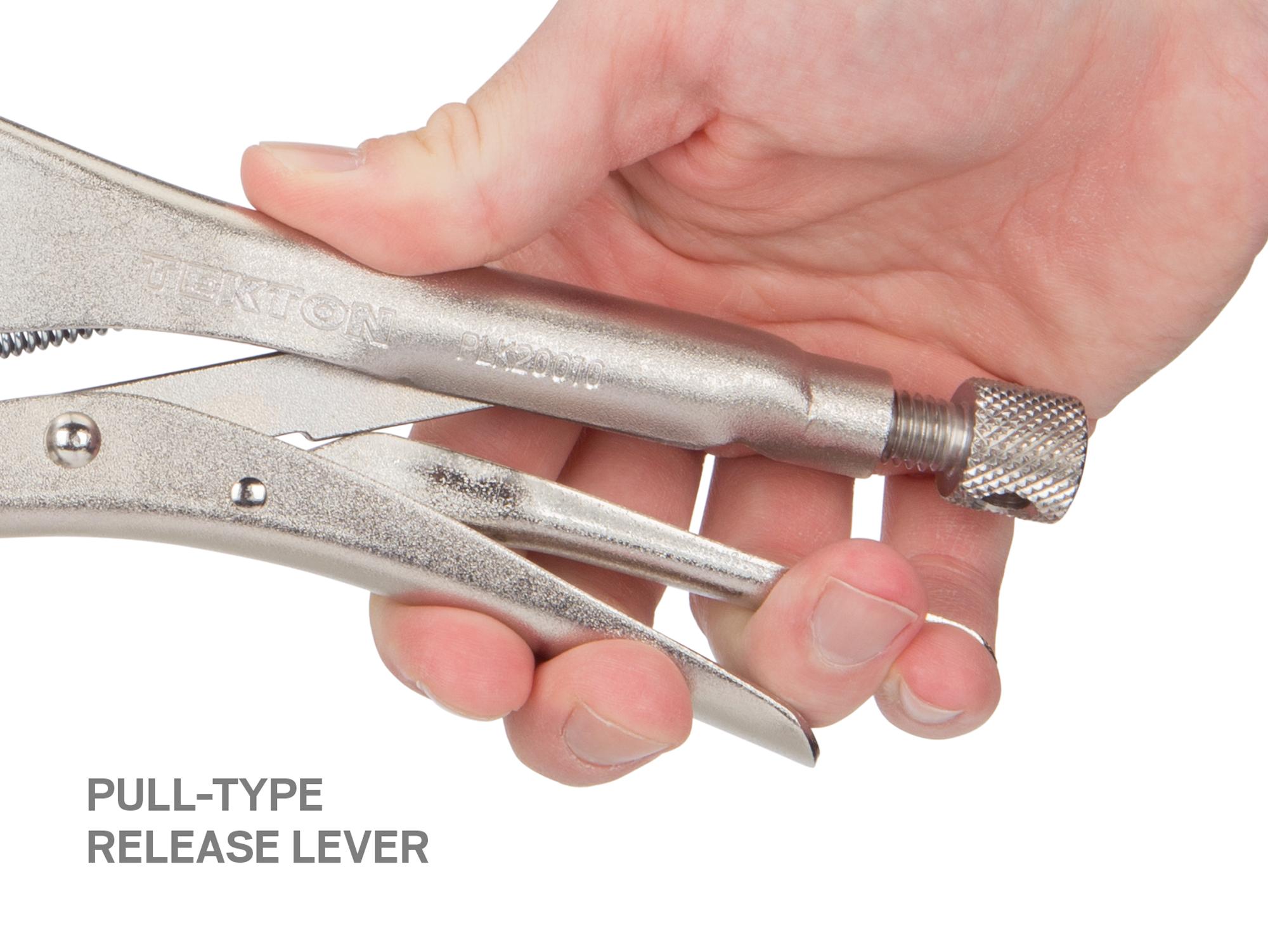 Closeup view of pull-type release lever on a Tekton 10 inch locking pliers. Item #PLK20010