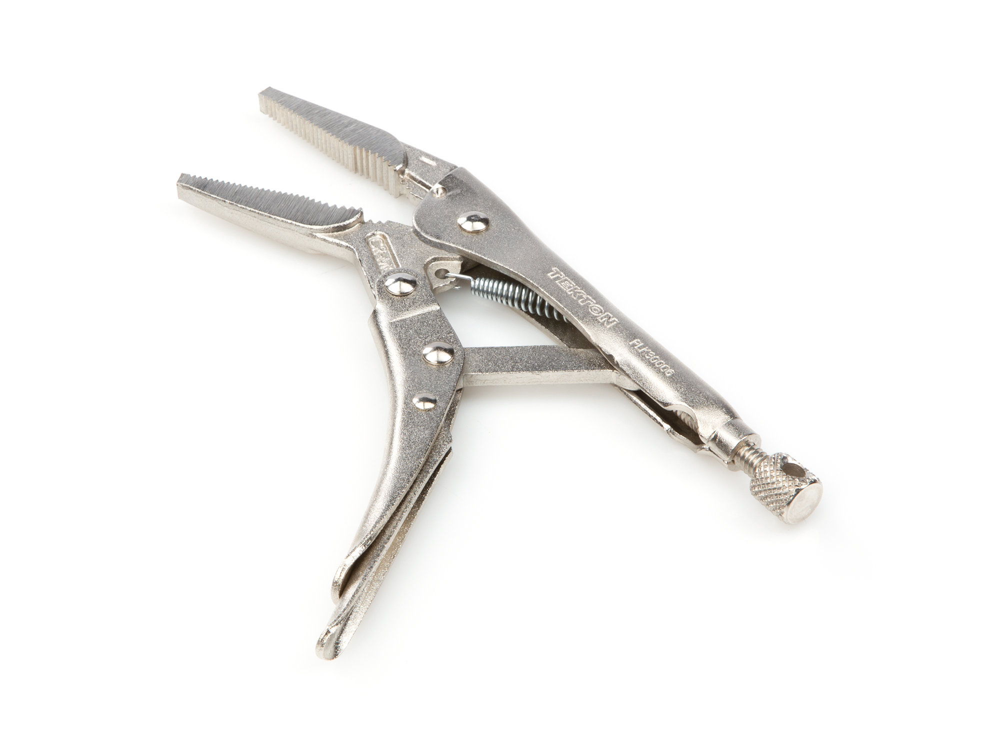 6 inch long nose locking pliers. One-hand pull release. Slim nose for tight spaces. Clamps flat stock, L-angle, sheet metal for welding. PLK30006.