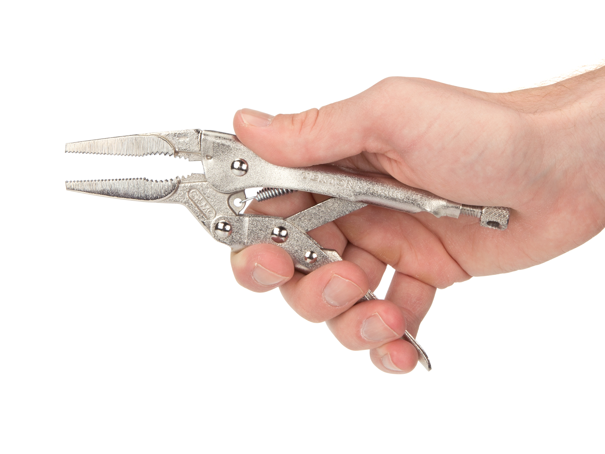 6 inch long nose locking pliers. One-hand pull release. Slim nose for tight spaces. Clamps flat stock, L-angle, sheet metal for welding. PLK30006.