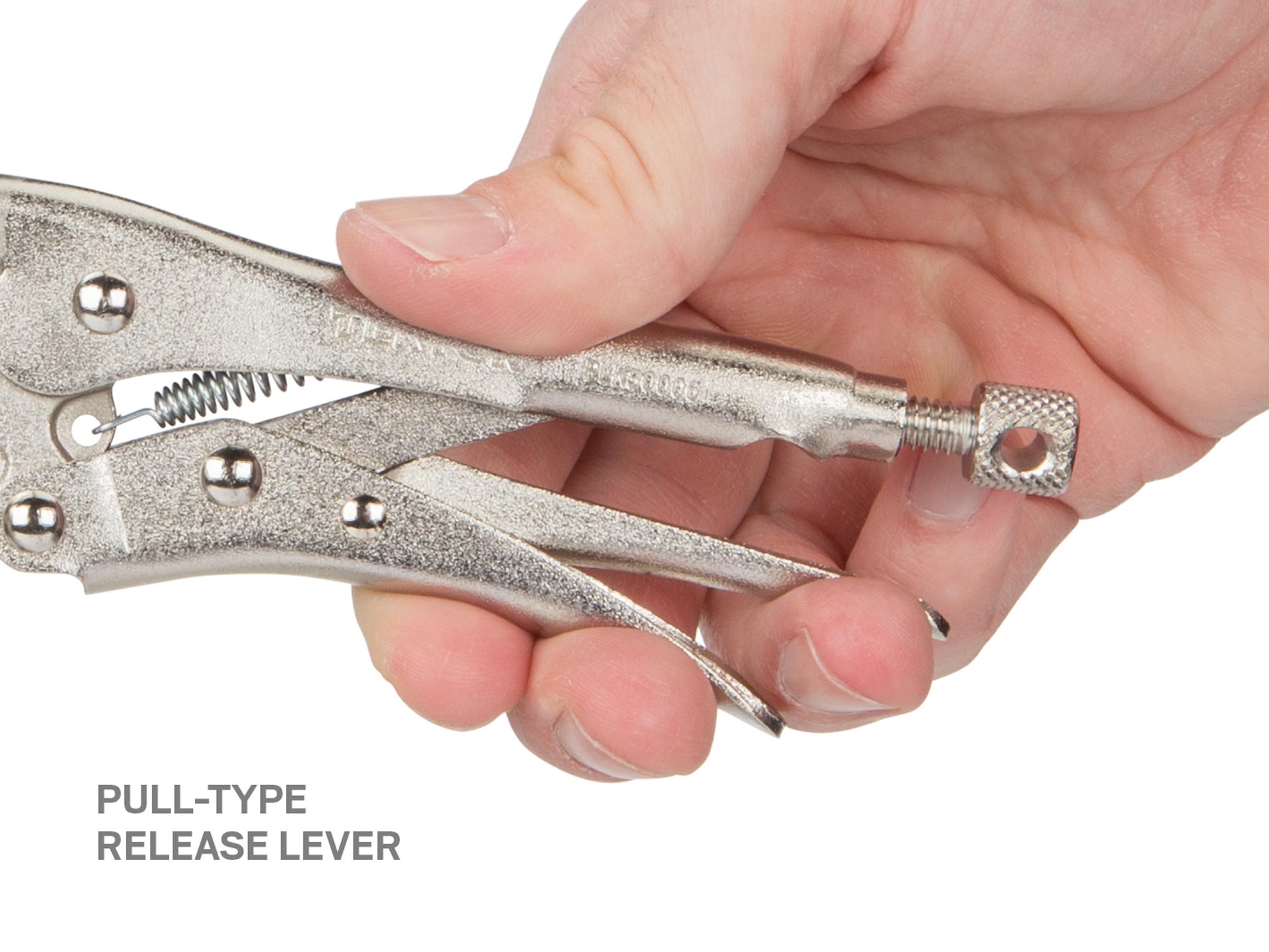 Closeup view of pull-type release lever on a Tekton 6 inch locking pliers. Item #PLK30006