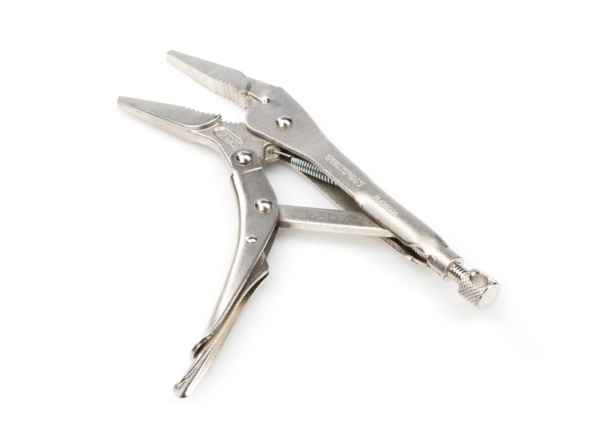 9 inch long nose locking pliers. One-hand pull release. Slim nose for tight spaces. Clamps flat stock, L-angle, sheet metal for welding. PLK30009.