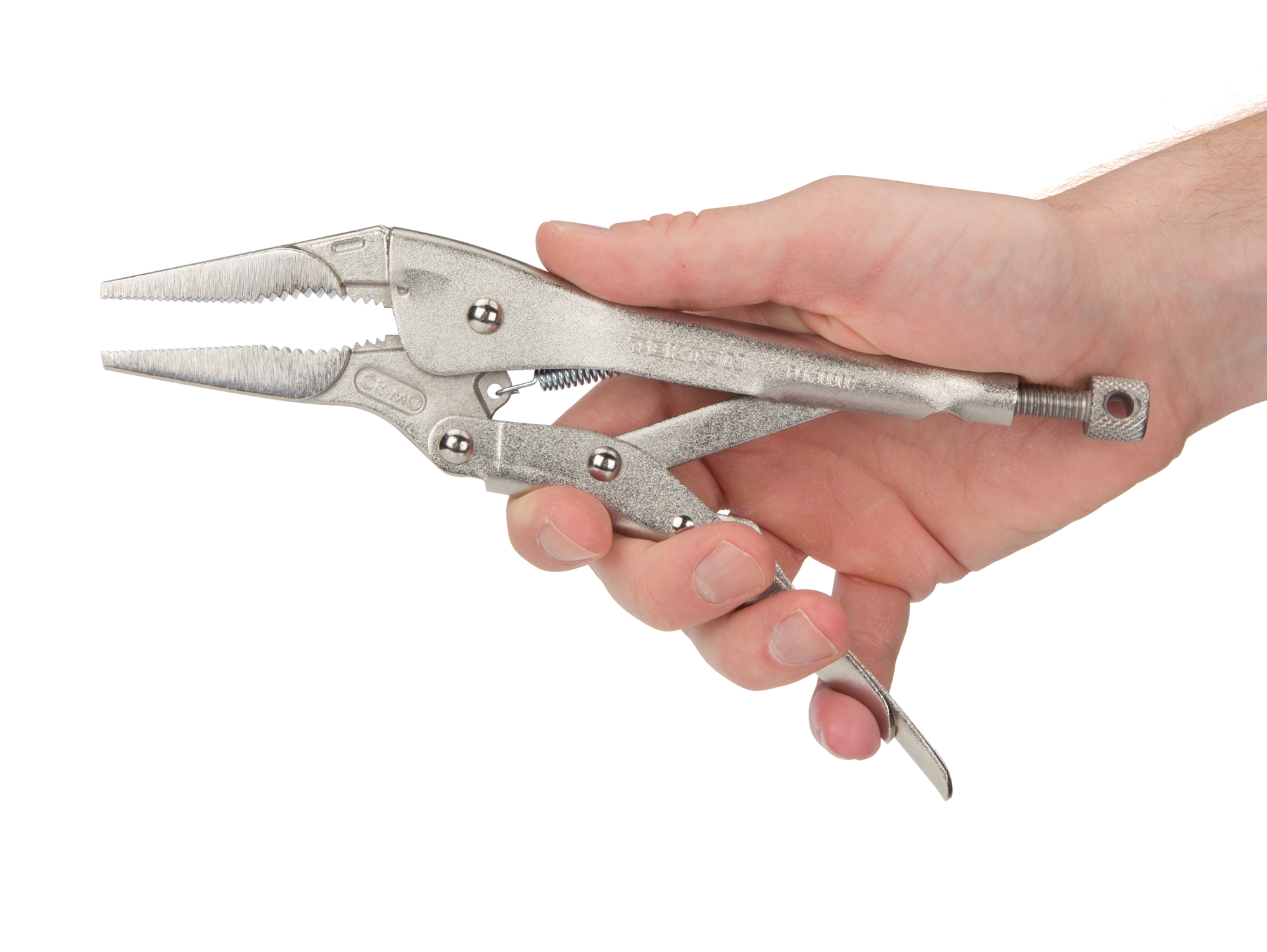 9 inch long nose locking pliers. One-hand pull release. Slim nose for tight spaces. Clamps flat stock, L-angle, sheet metal for welding. PLK30009.