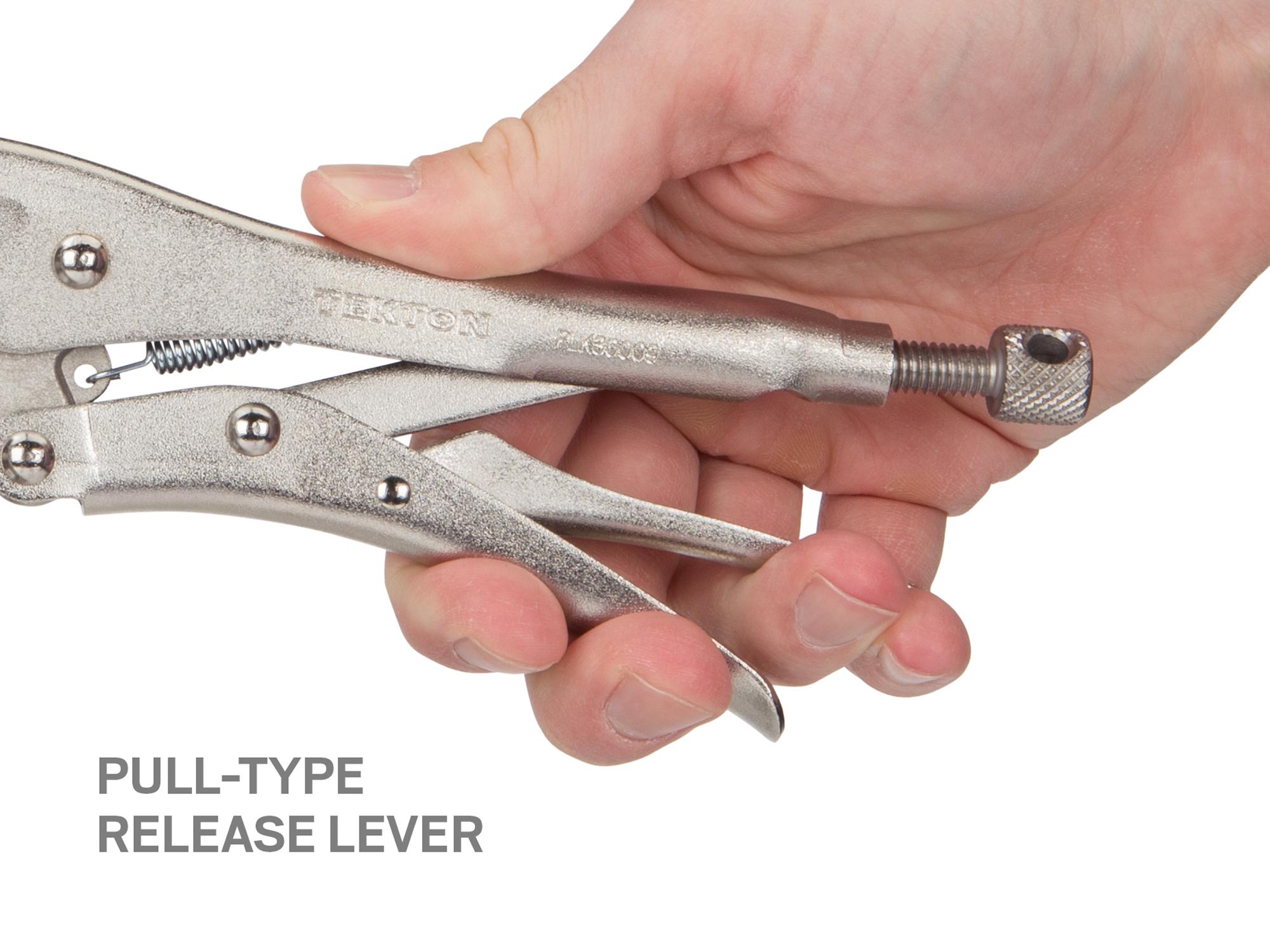 Closeup view of pull-type release lever on a Tekton 9 inch locking pliers. Item #PLK30009