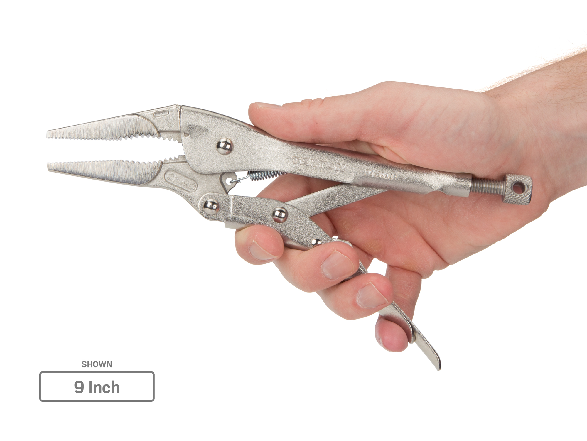 9 inch long nose locking pliers. One-hand pull release. Slim nose for tight spaces. Clamps flat stock, L-angle, sheet metal for welding. PLK30009.