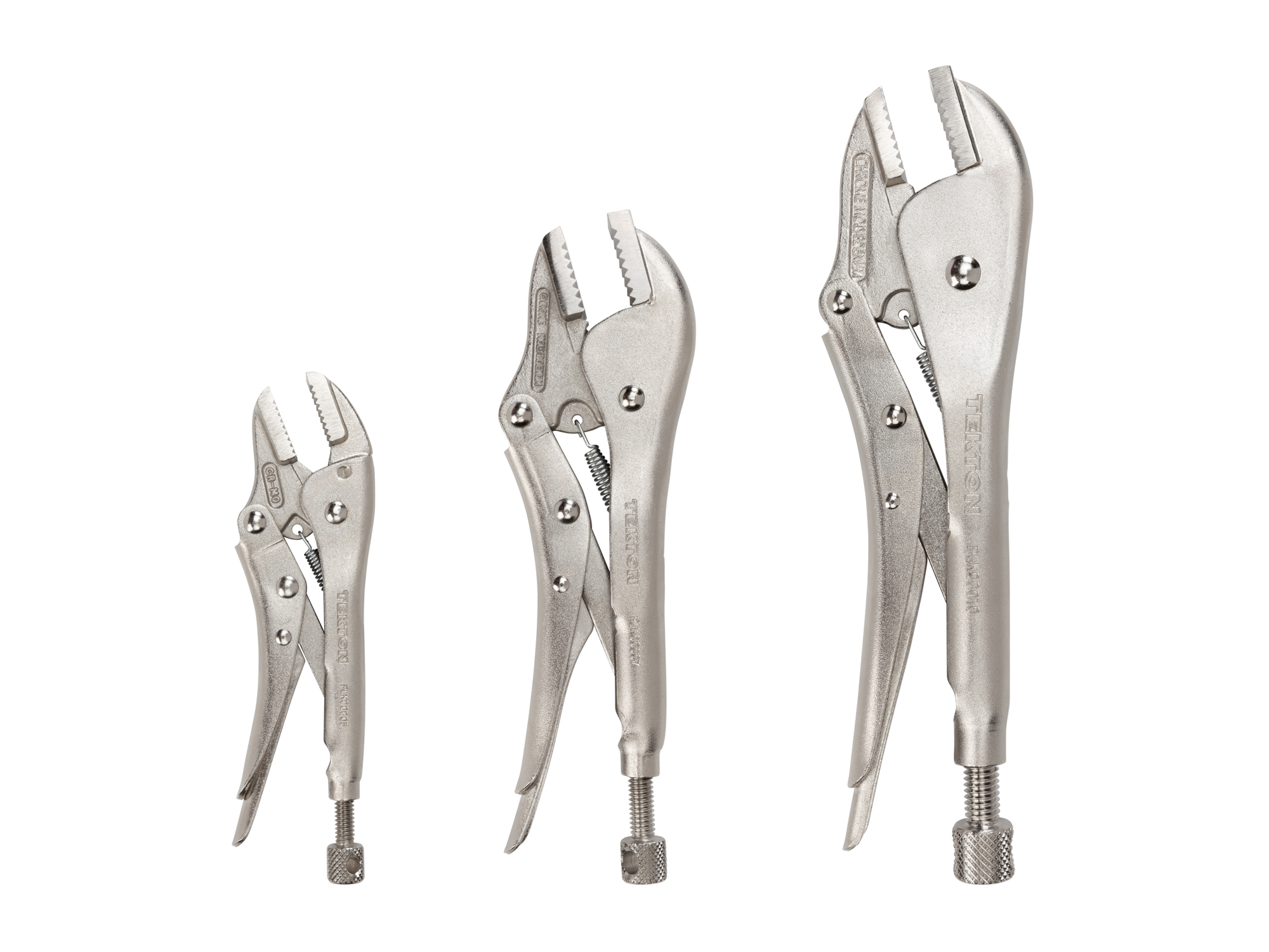 Includes: 5, 7, 10 inch straight jaw locking pliers. One-hand pull release. Flat jaws, sharp teeth. Clamps flat stock, L-angle, sheet metal for welding. PLK00005.