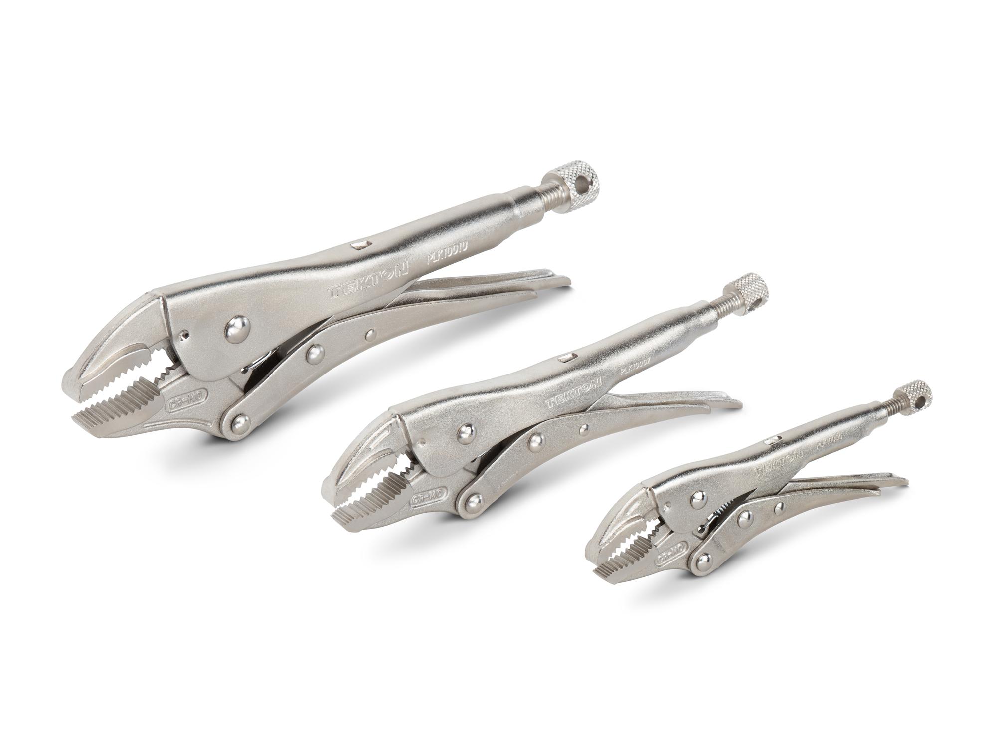 Front-right angle view of Tekton locking pliers set. Item #PLK90104