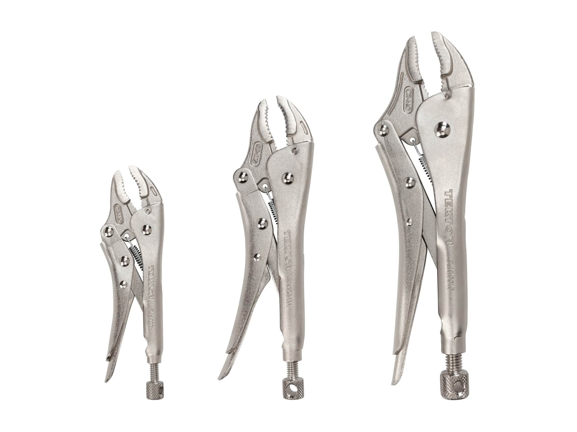 Includes: 5, 7, an 10 inch curved jaw locking pliers. Grips round, hex, square, flat stock, sheet metal. One-hand pull release. PLK90104.