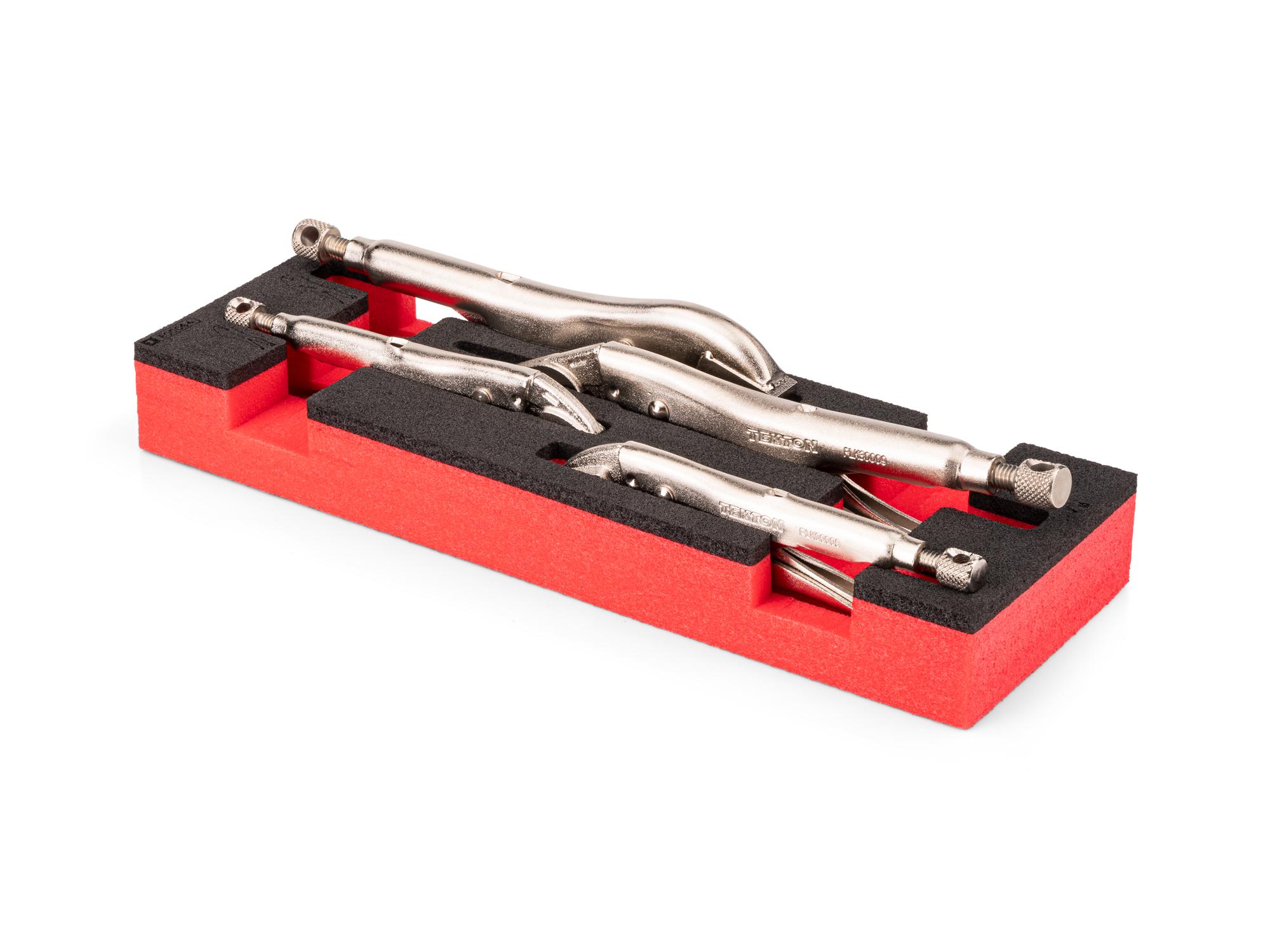 Angled view of red Tekton locking pliers set with 12 x 4 inch foam organizer. PLK98900