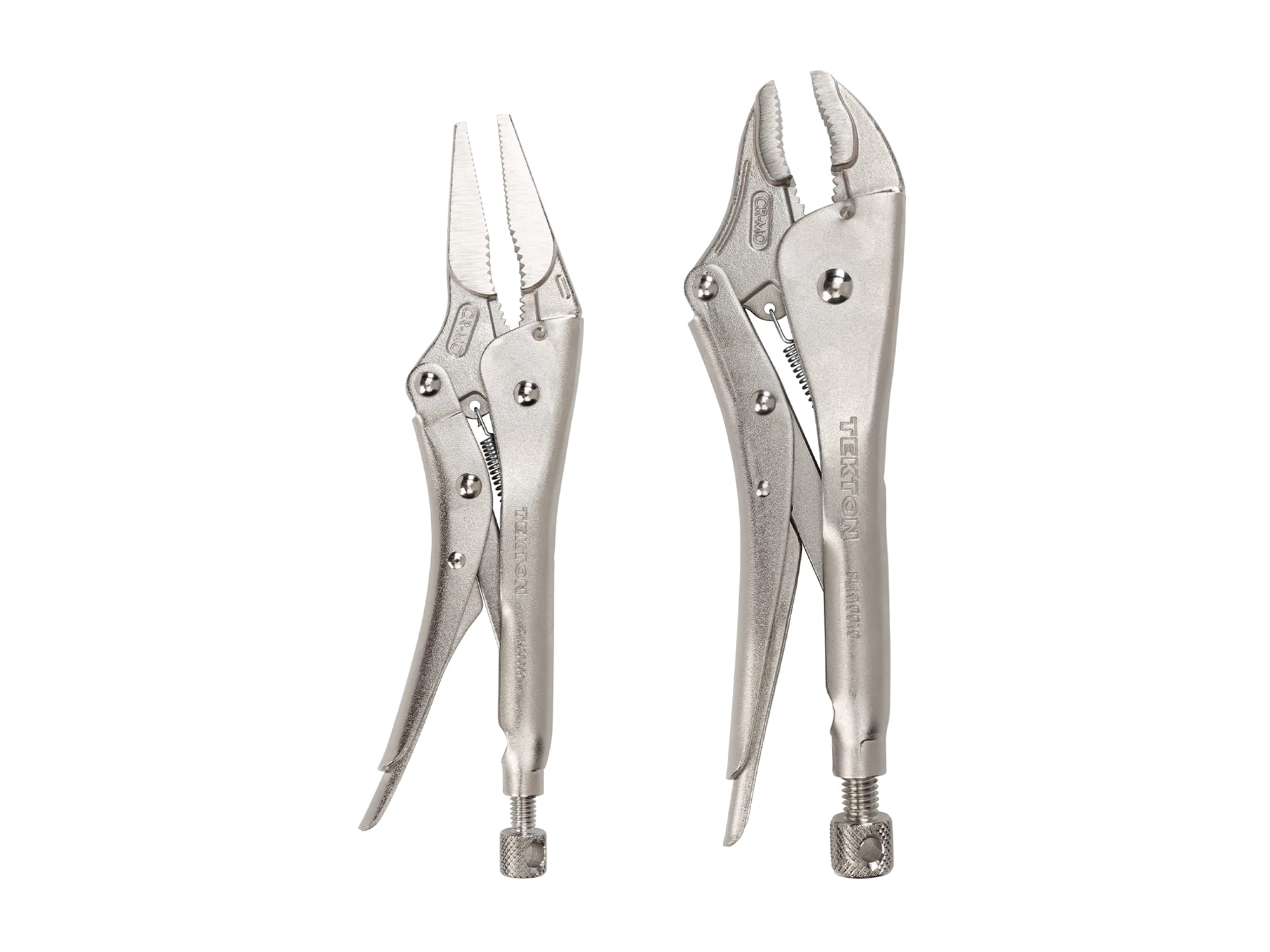 Includes: curved jaw and long nose locking pliers. Pull release allows one hand use. Deep, sharp teeth for sure bite. PLK99901.