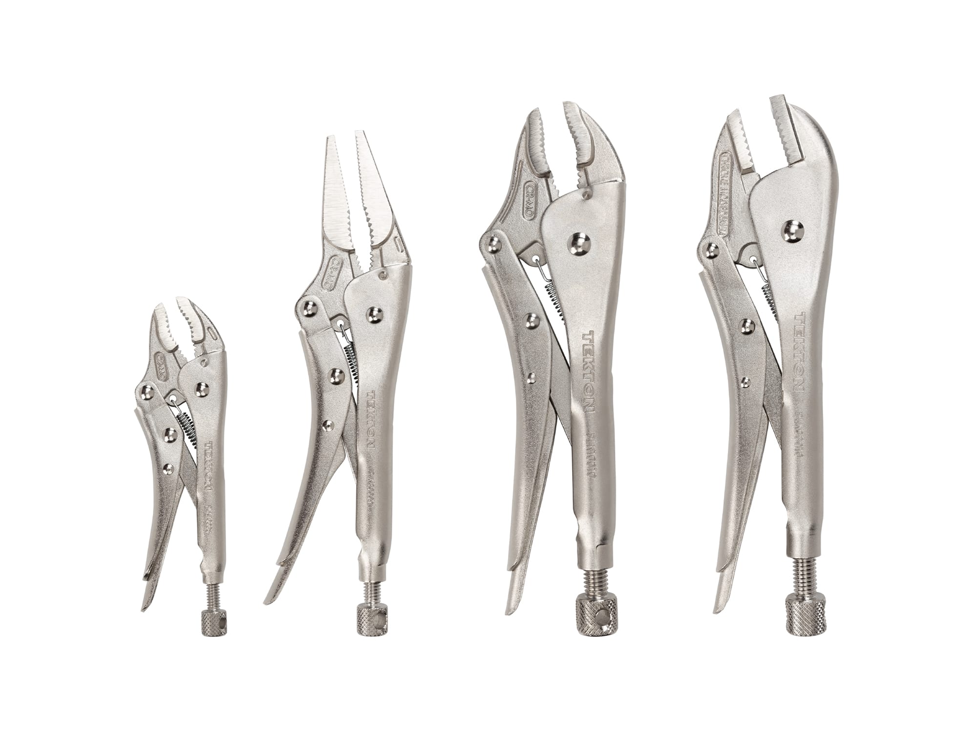 Includes: straight jaw, curved jaw, and long nose locking pliers. Pull release allows one hand use. Deep, sharp teeth for sure bite. PLK99902.