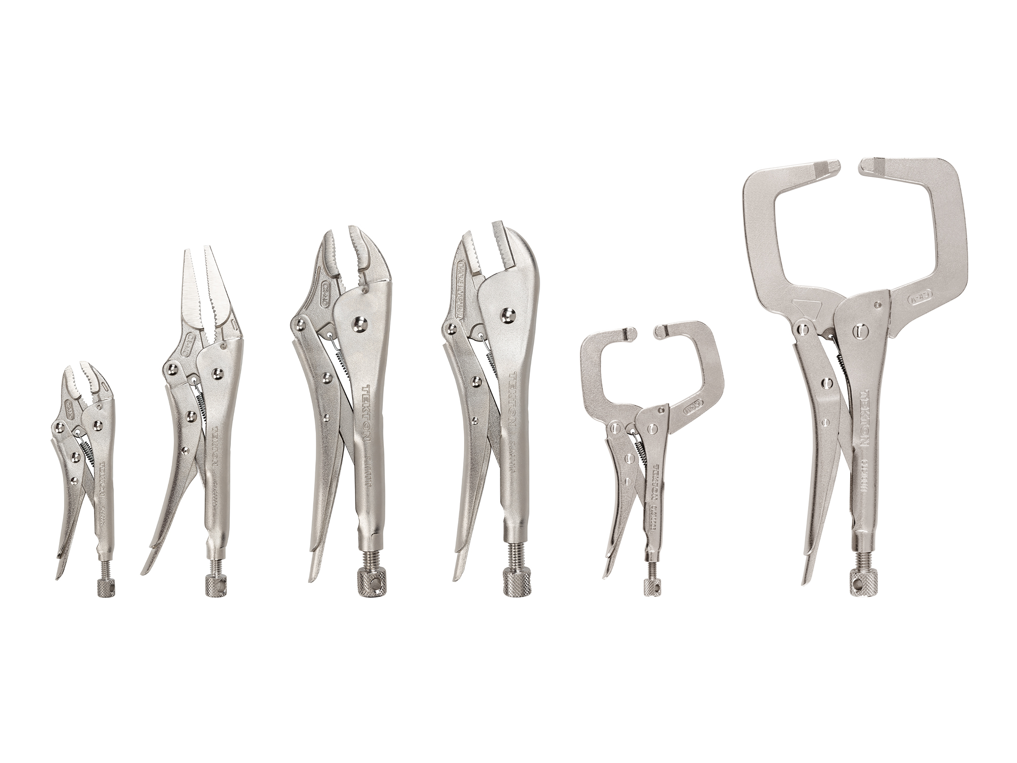 Set includes: 2 curved jaw, 1 long nose, and 1 straight jaw locking pliers, plus 2 locking c-clamps.