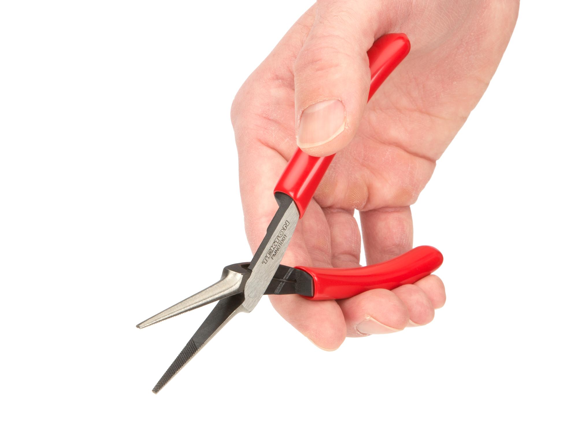 Person holding Tekton 5 inch mini pliers. Item #PMN01001