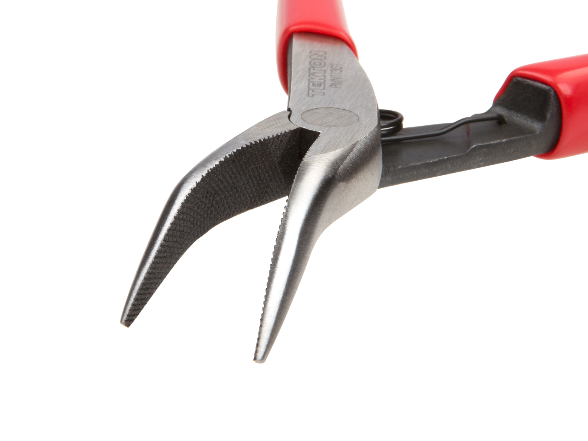 45 degree nose reaches around obstructions. Mini pliers with fine, crosscut teeth grip evenly in any direction. PMN11301.