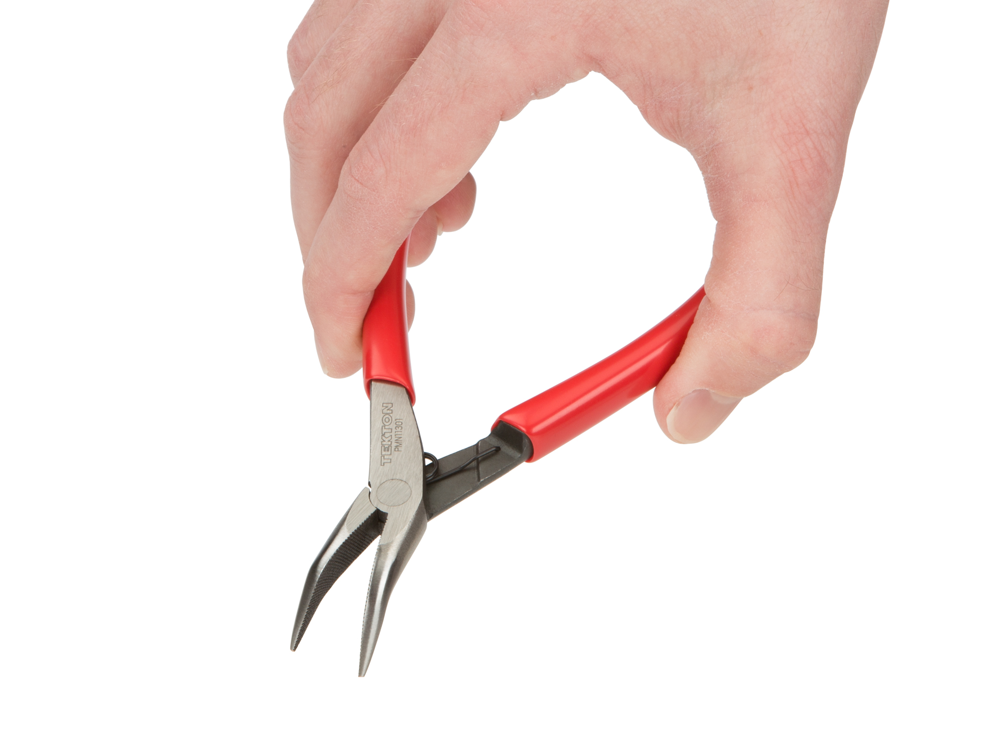 45 degree nose reaches around obstructions. Mini pliers with fine, crosscut teeth grip evenly in any direction. PMN11301.