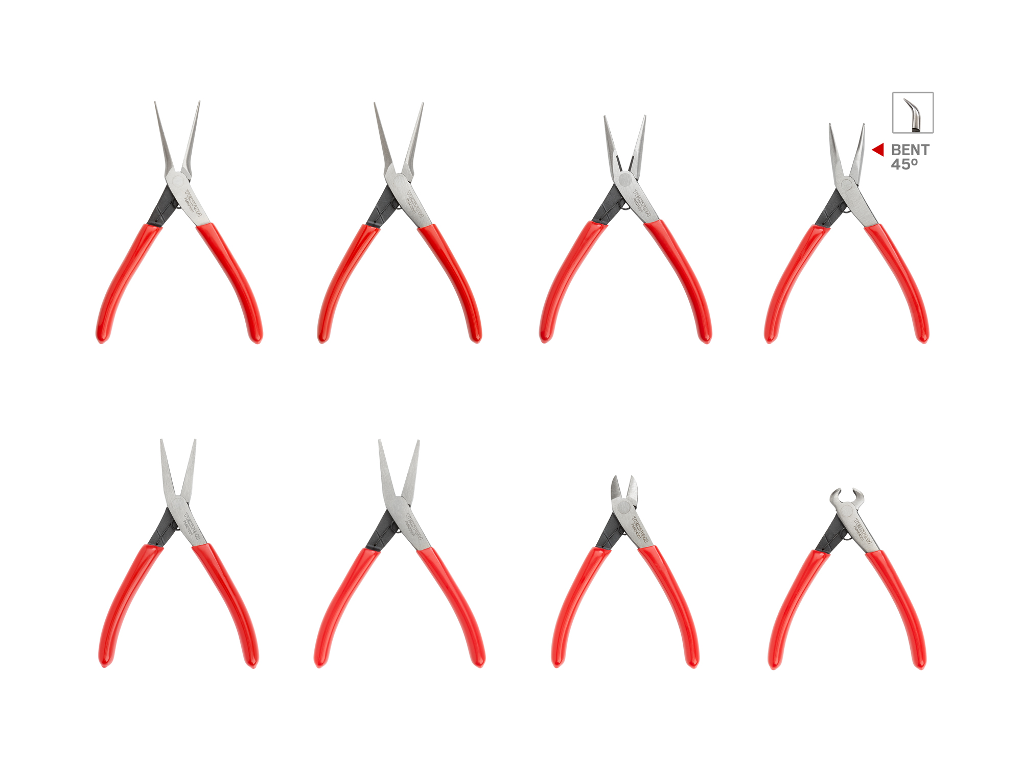 Includes: long nose, bent nose, 2 needle nose (smooth and serrated), 2 flat nose (smooth and serrated), diagonal cutting, and end cutting mini pliers.