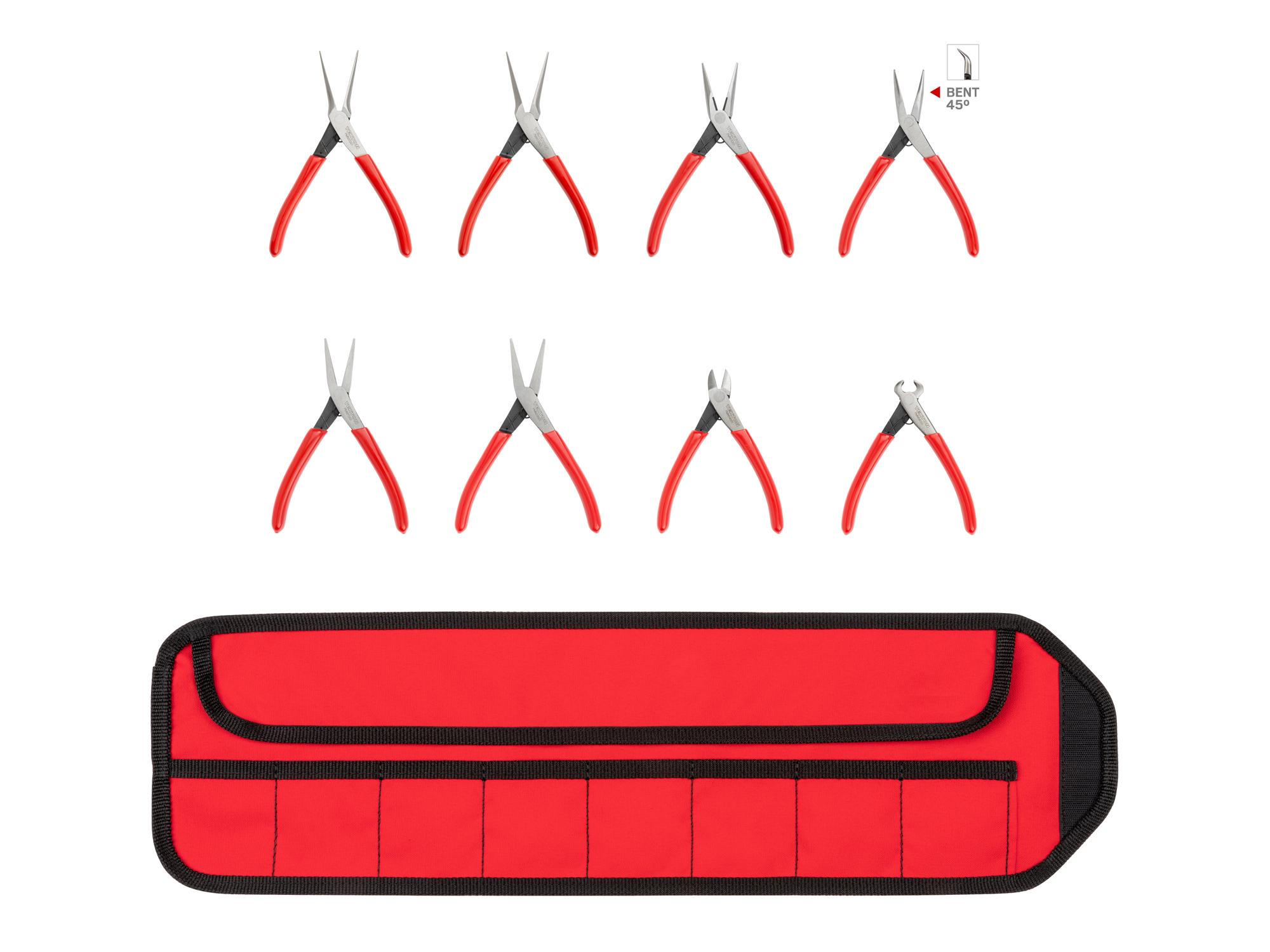Laid out contents of Tekton roll mini pliers set. Item #PMN99910