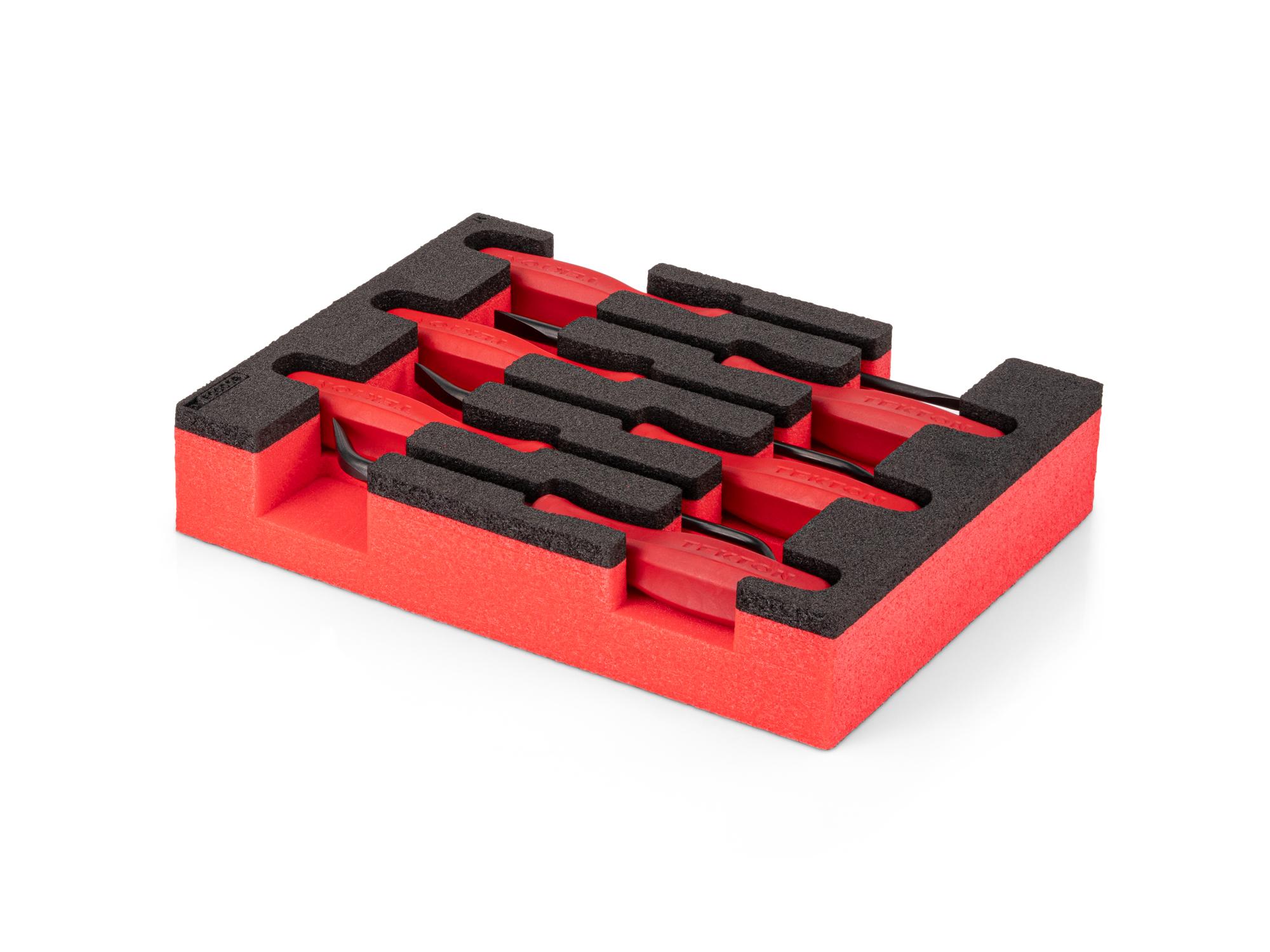 Angled view of red Tekton mini pry bar set with 8 x 6 inch foam organizer. LRD98800