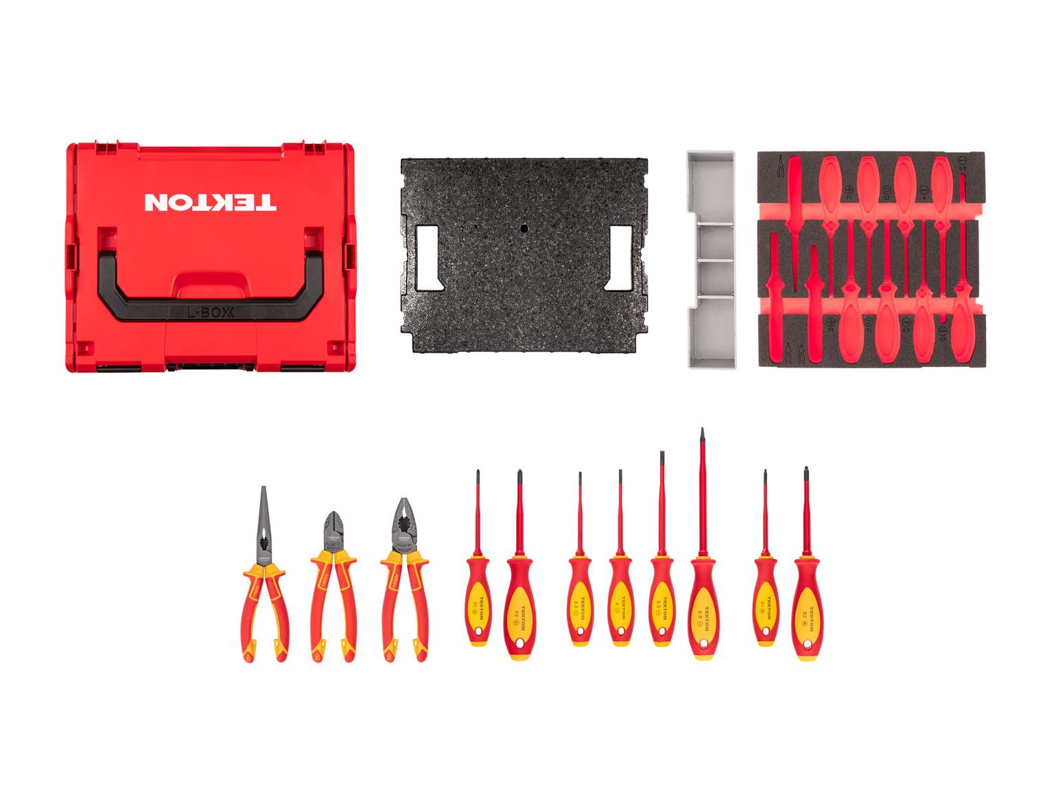 Laid out contents of Tekton mixed pliers set set. Item #OLB91901