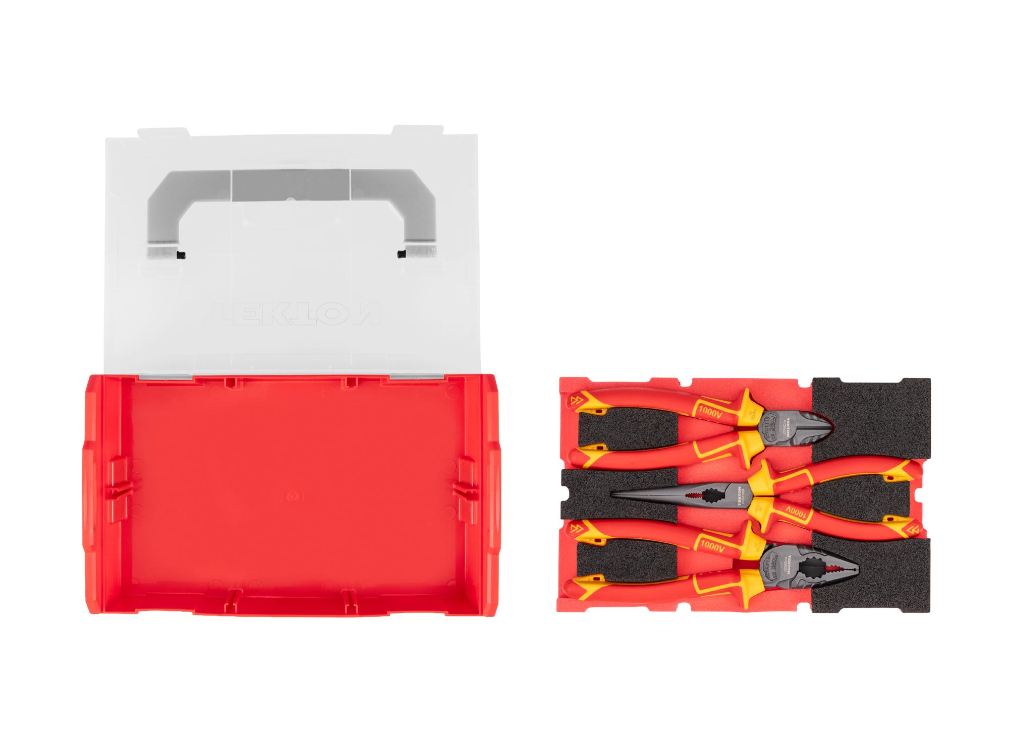 Laid out contents of Tekton mixed pliers set set. Item #PLR96002