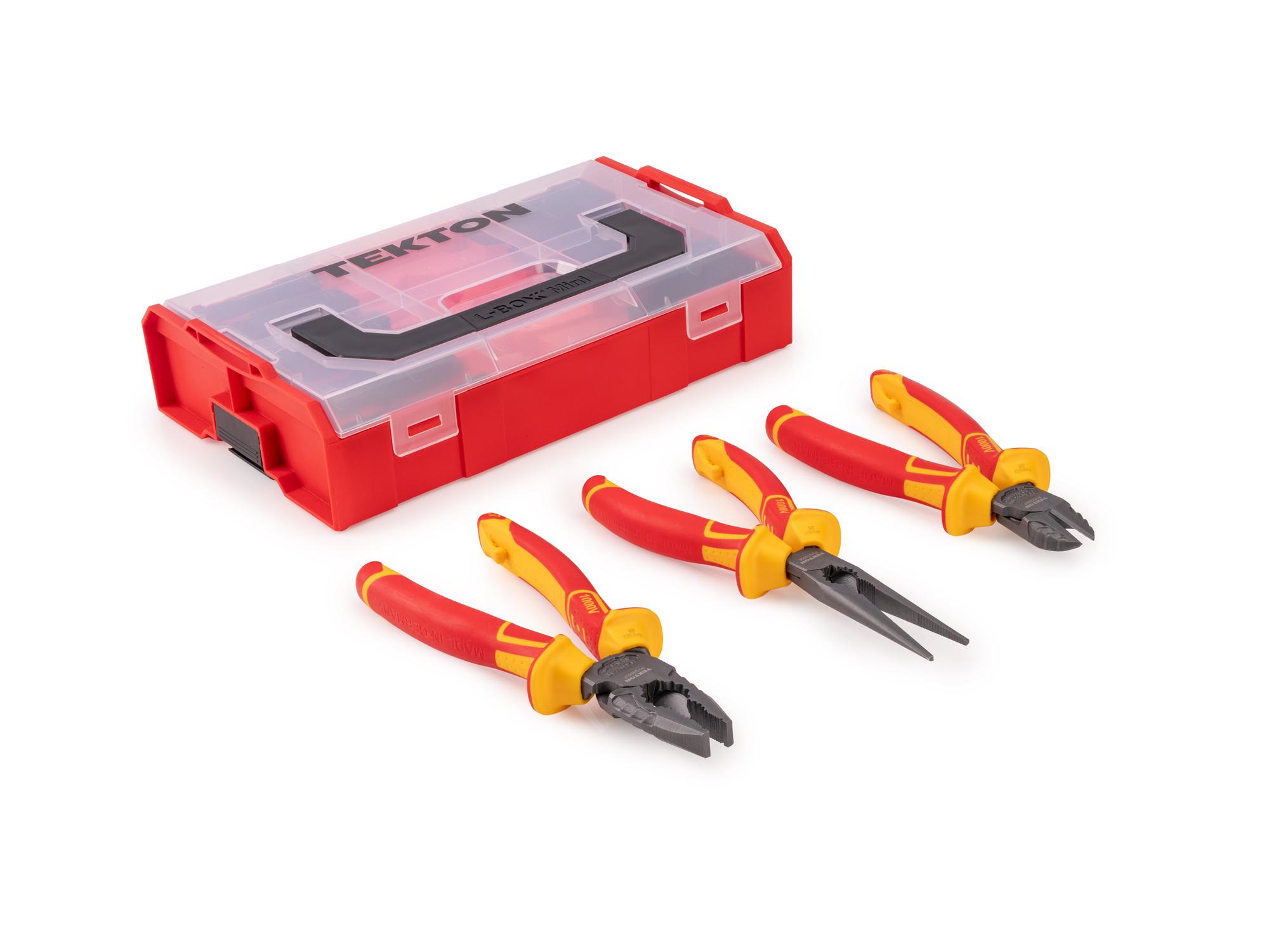 Laid out contents of Tekton mixed pliers set set. Item #PLR96002