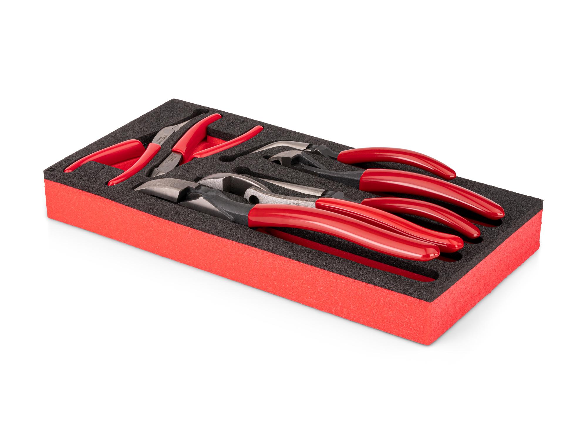 Angled view of red Tekton gripping, cutting, and mini pliers set with foam organizer. PLR98002