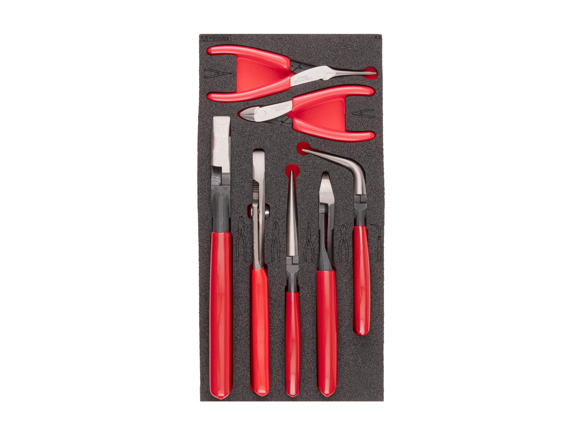 Top view of red Tekton gripping, cutting, and mini pliers set with 12 x 6 inch foam organizer. PLR98002