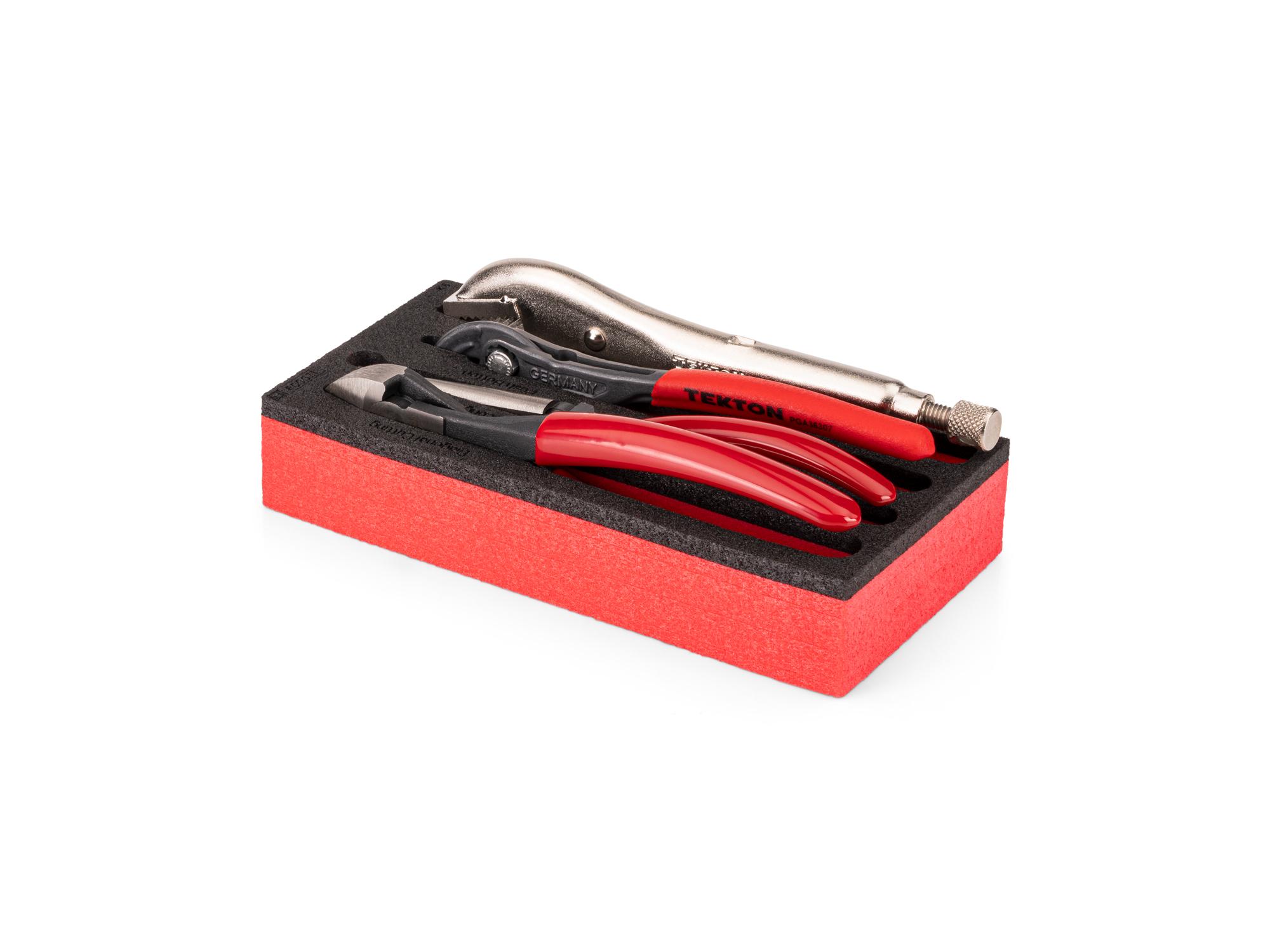 Angled view of Tekton gripping and cutting pliers set with 8 x 4 inch foam organizer. PLR98003