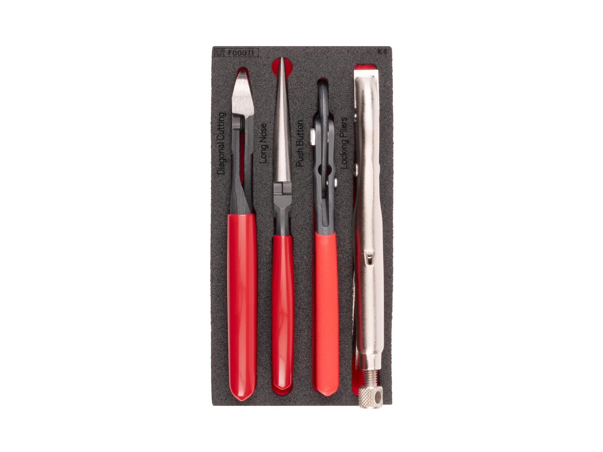 Top view of Tekton gripping and cutting pliers set with 8 x 4 inch foam organizer. PLR98003