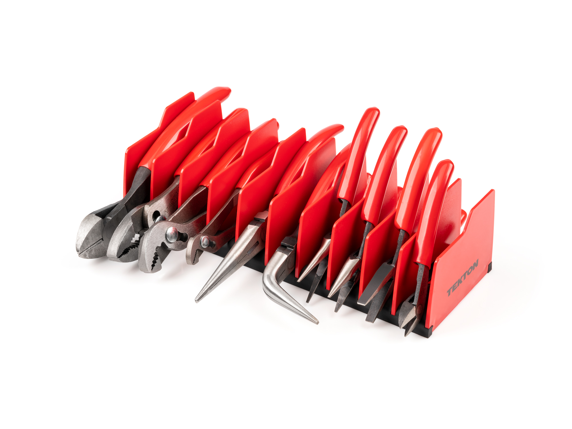 Includes: slip joint, long nose, bent nose, flat nose diagonal cutting pliers and storage rack. PLR99204.