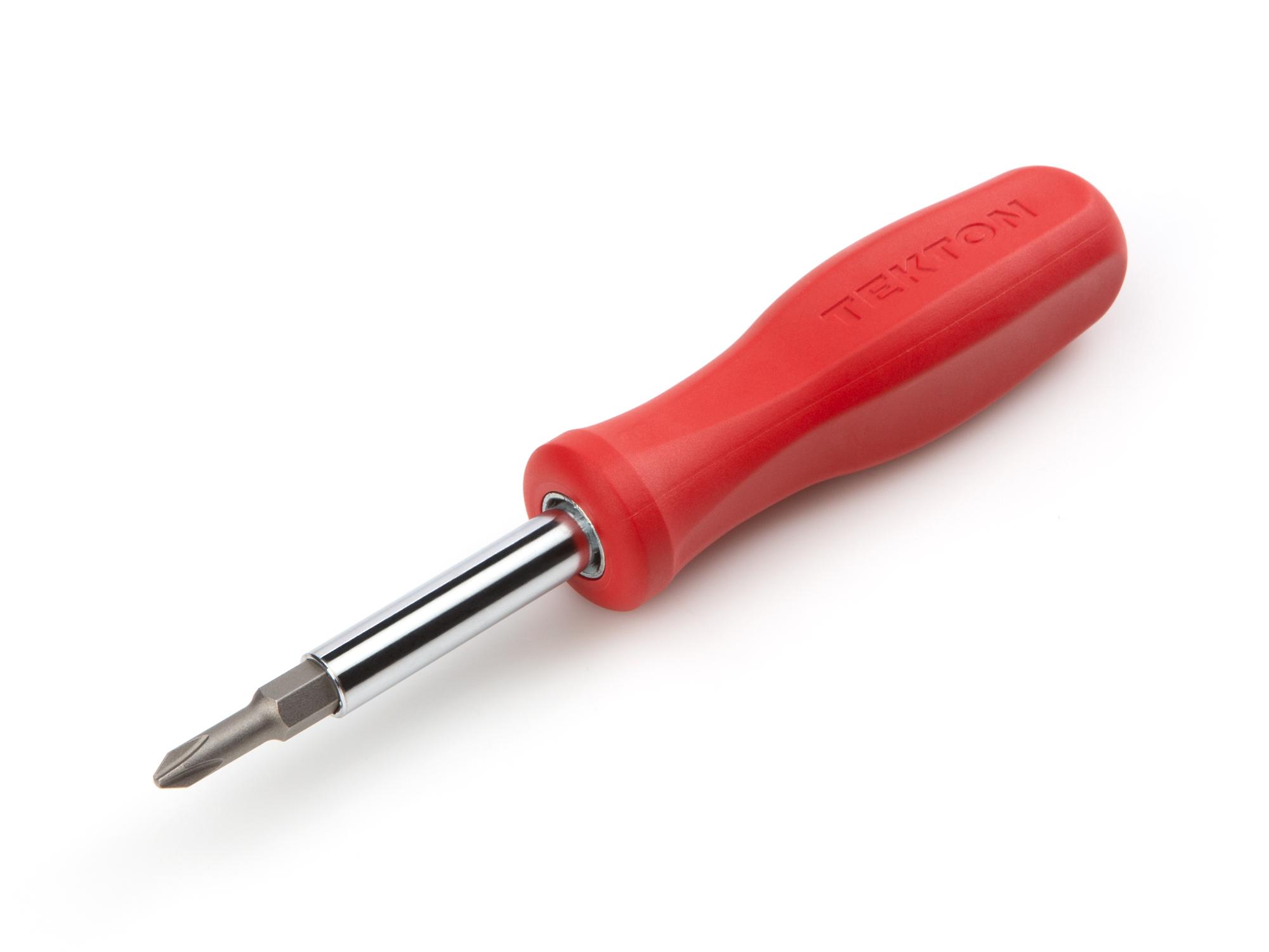 Front-right angle view of red Tekton multi-bit driver. Item #DMS18010