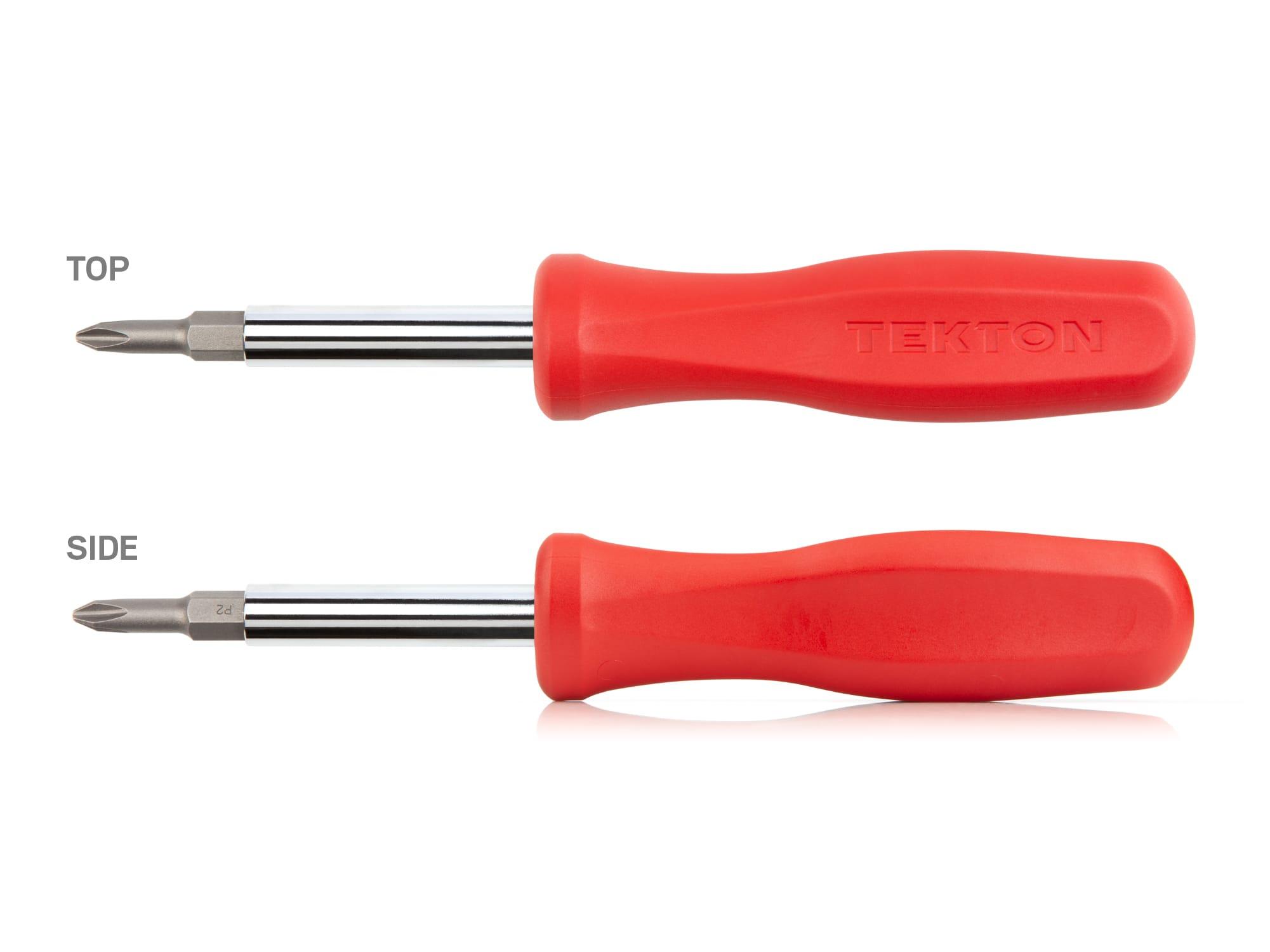 Side view of red Tekton multi-bit driver. Item #DMS18010
