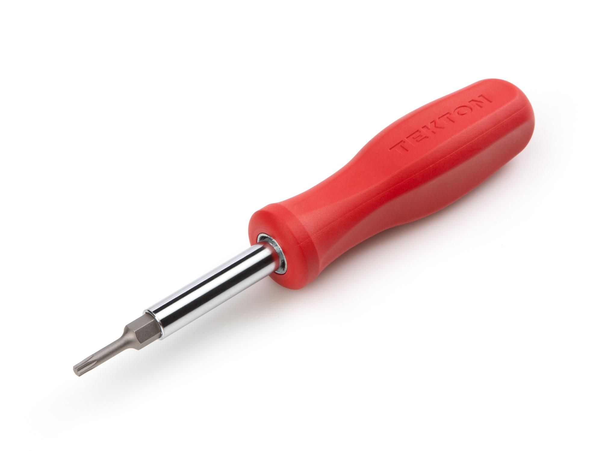 Front-right angle view of red Tekton multi-bit driver. Item #DMS18012
